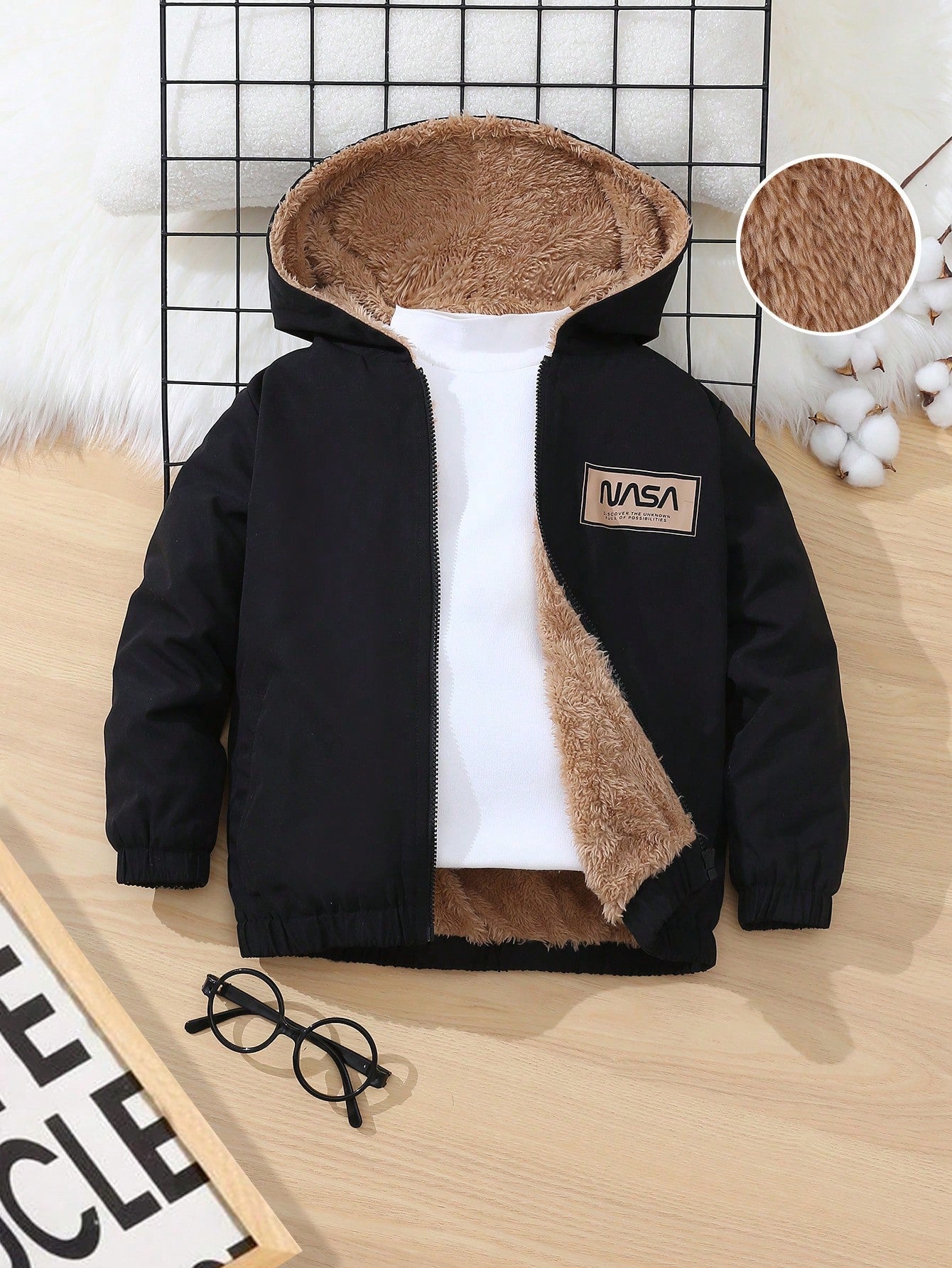 Young Boy Letter Patched Detail Teddy Lined Hooded Jacket Without Tee