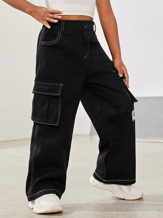 Young Girl Letter Patched Detail Flap Pocket Side Cargo Pants