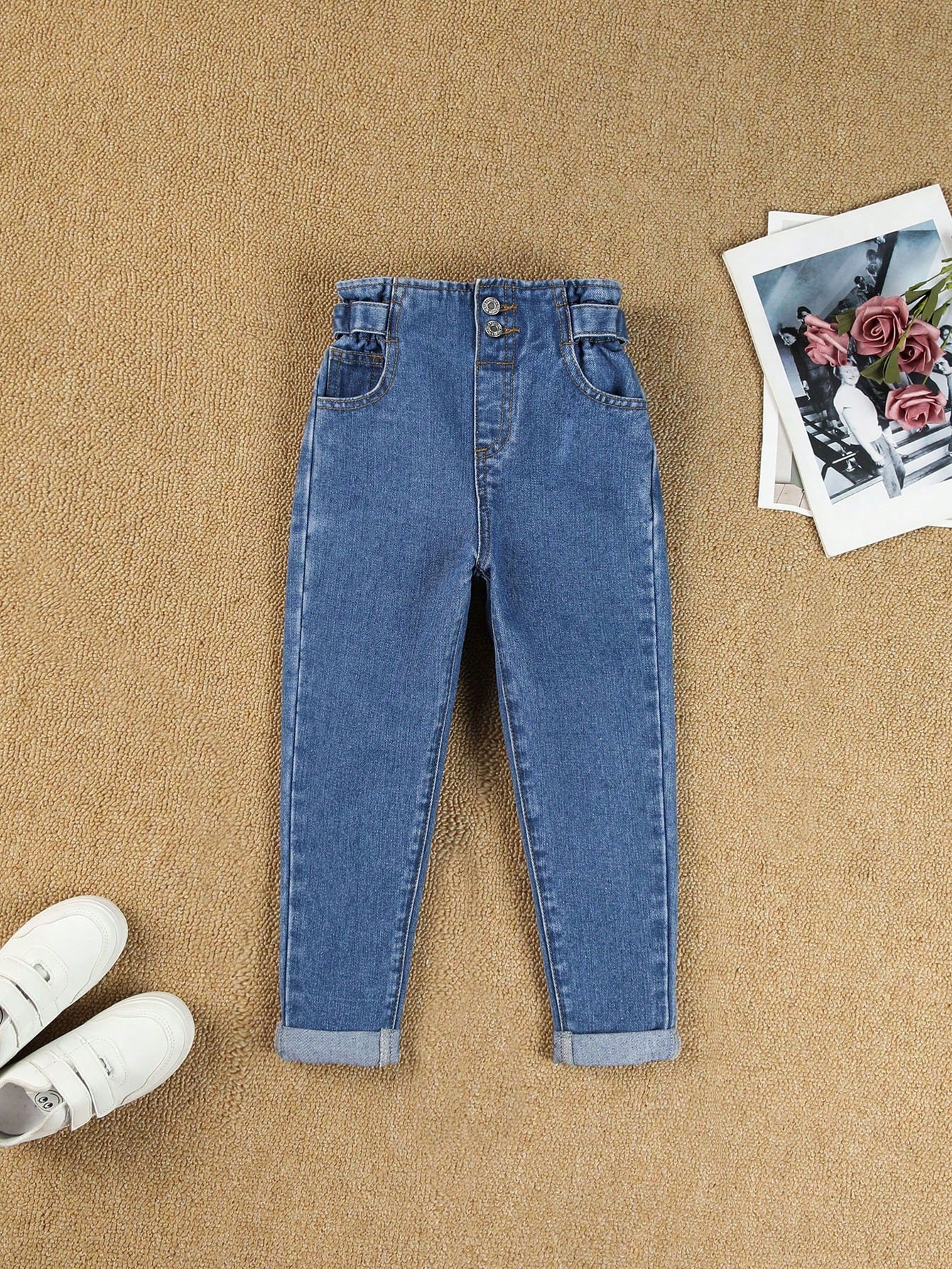 Young Girl All-Match Floral Waist Denim Jeans For School And Fashion