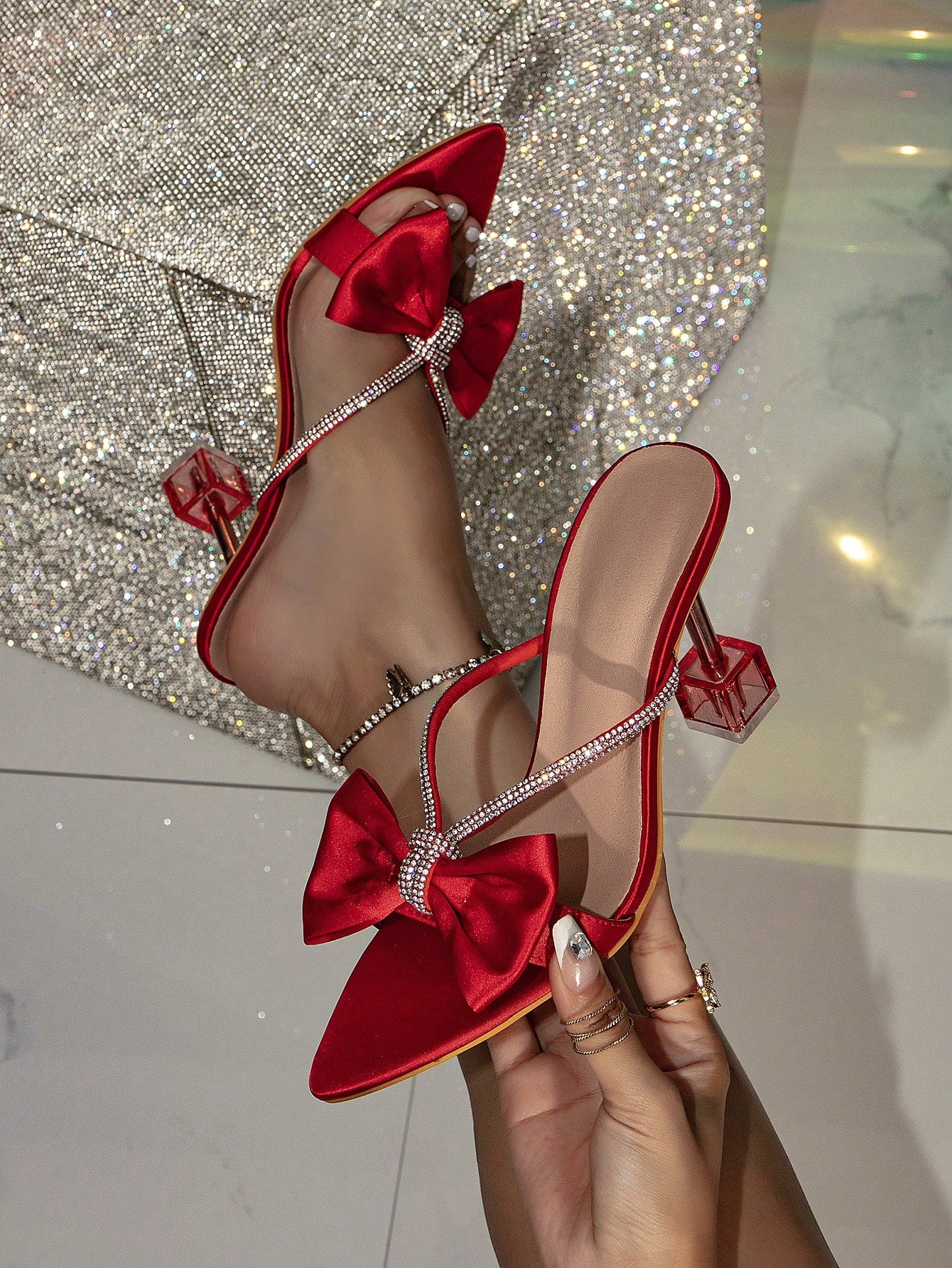 Glamorous Pink Sandals For Women, Rhinestone & Bow Decor Clear Sculptural Heeled Satin Mule Sandals