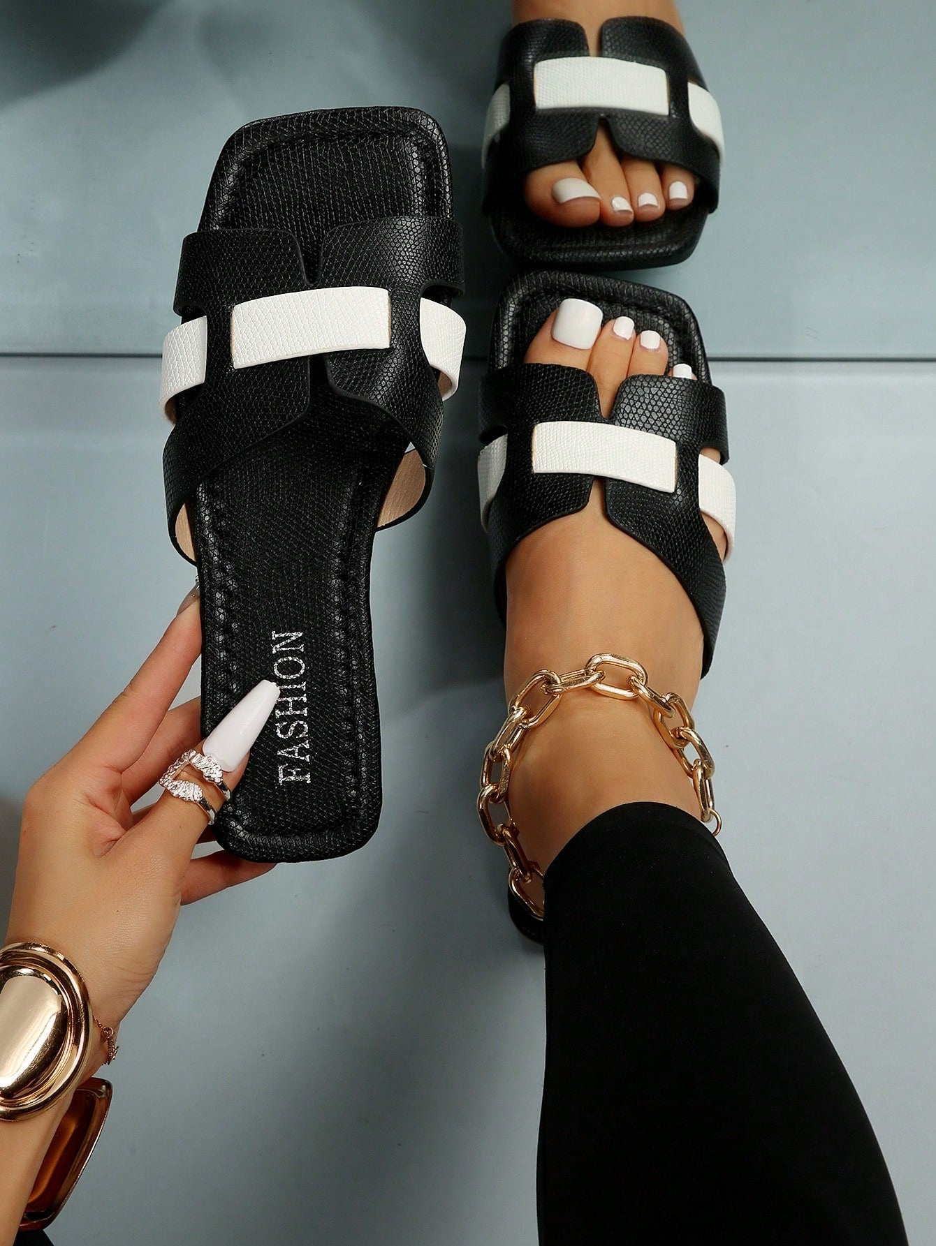 Women Two Tone Slide Sandals, Elegant Summer Flat Sandals