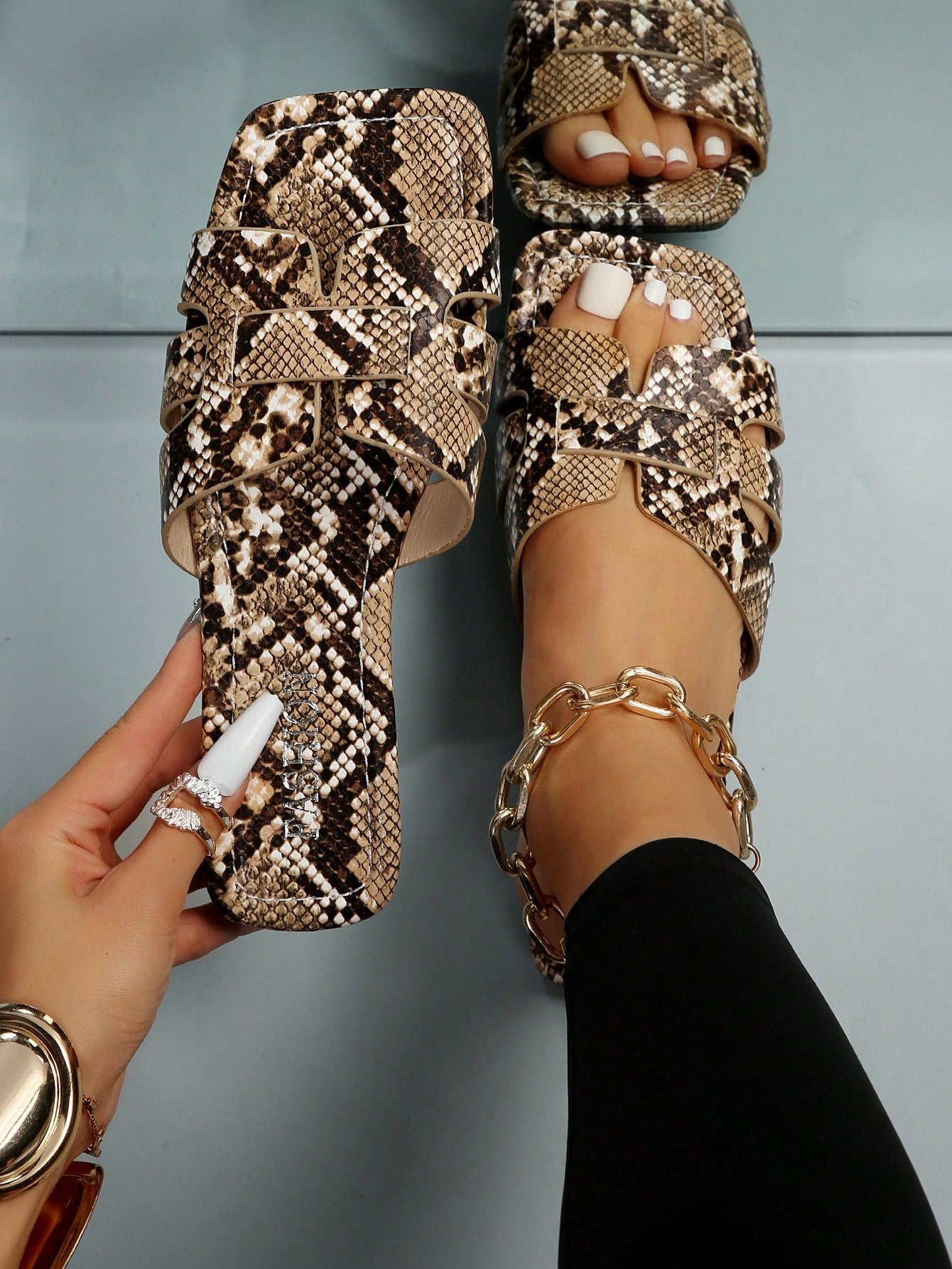 Elegant Beige Sandals For Women, Snakeskin Embossed Cut Out Design Open Toe Slide Sandals