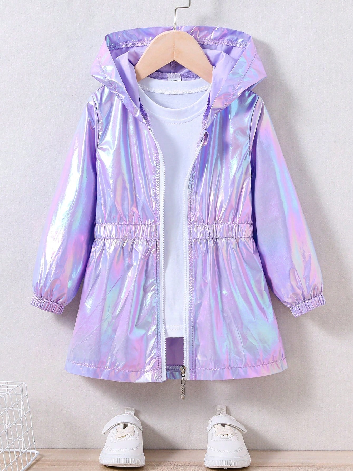 Young Girl Holographic Zip Up Hooded Coat Without Tee