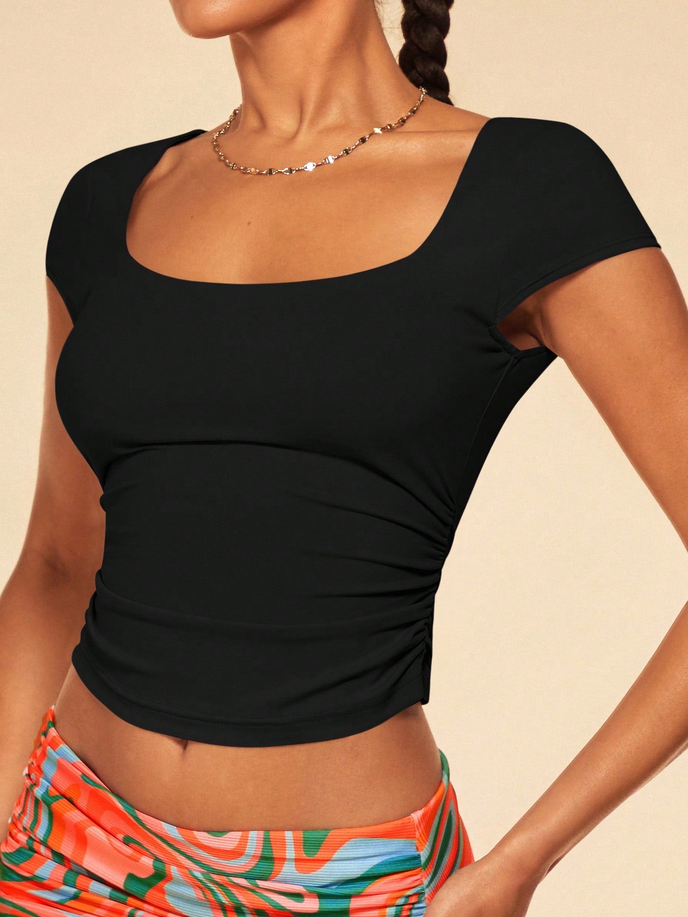 Square Neck Ruched Side Crop Tee