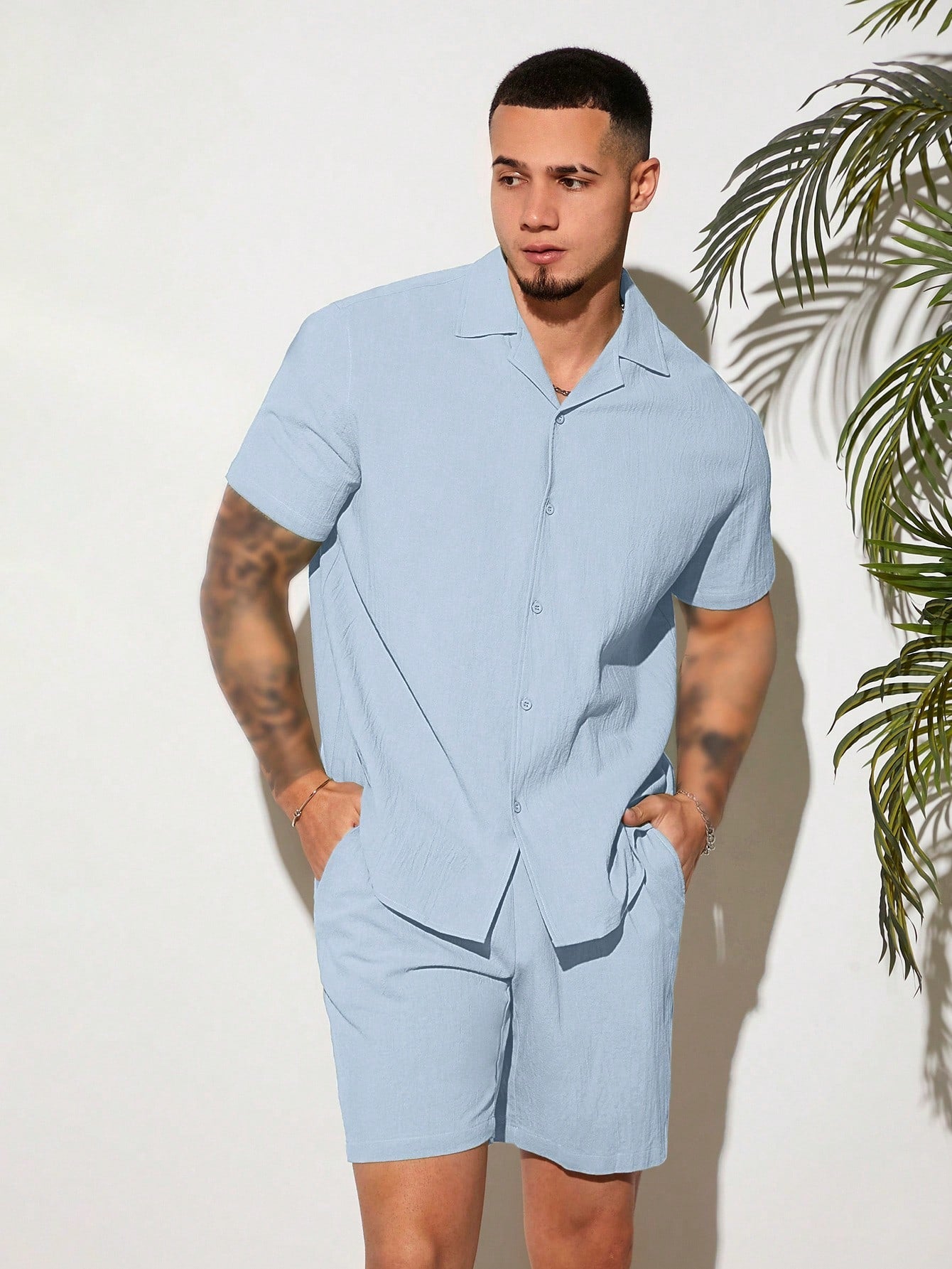 Loose Fit Men's Solid Color Button Front Shirt & Shorts Set