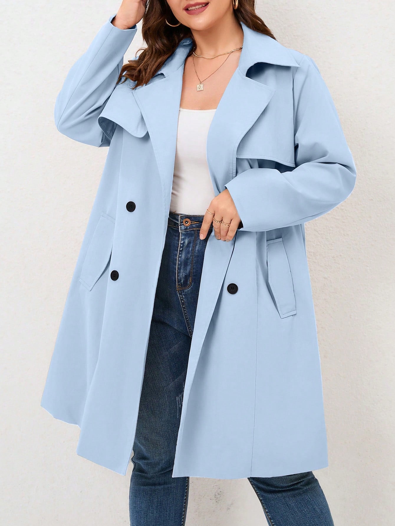 Plus Lapel Neck Double Breasted Belted Trench Coat