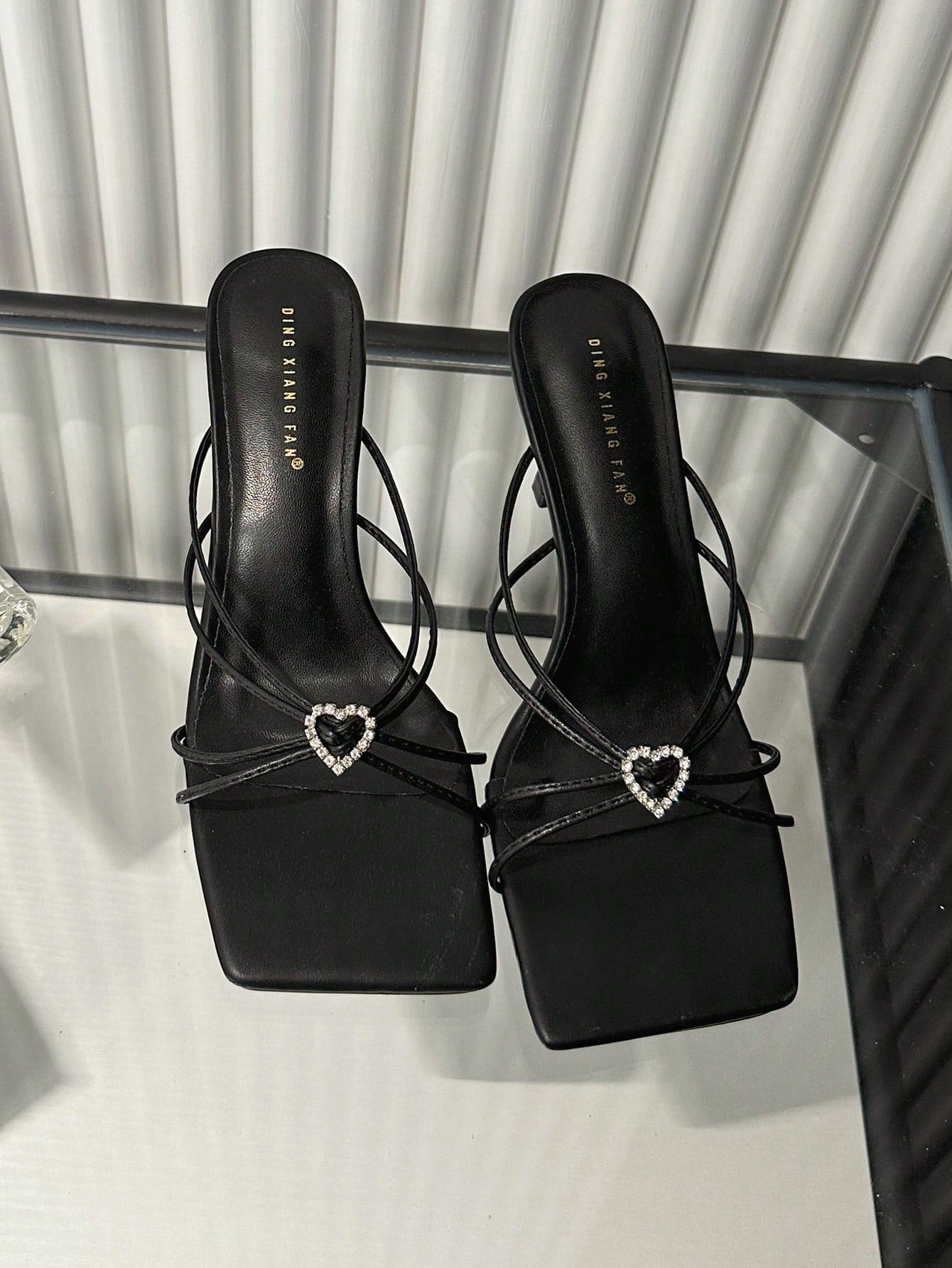 Ladies' High Heel Mules With Rhinestone Heart Shape Decoration And Gold Plated Pyramid Shape Heel