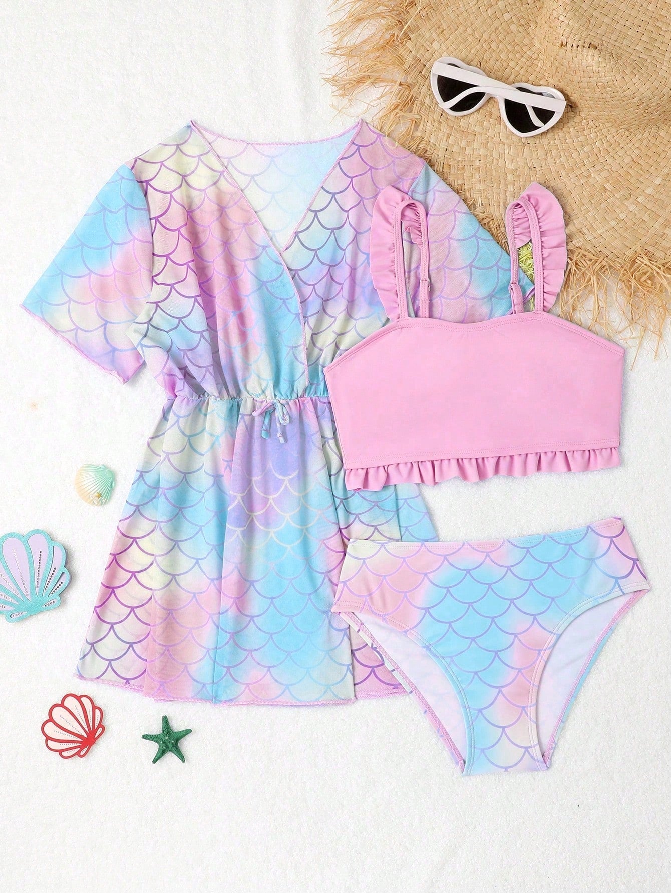 Tween Girl Fish Scales Frill Trim Bikini Set With Kimono Summer Beach