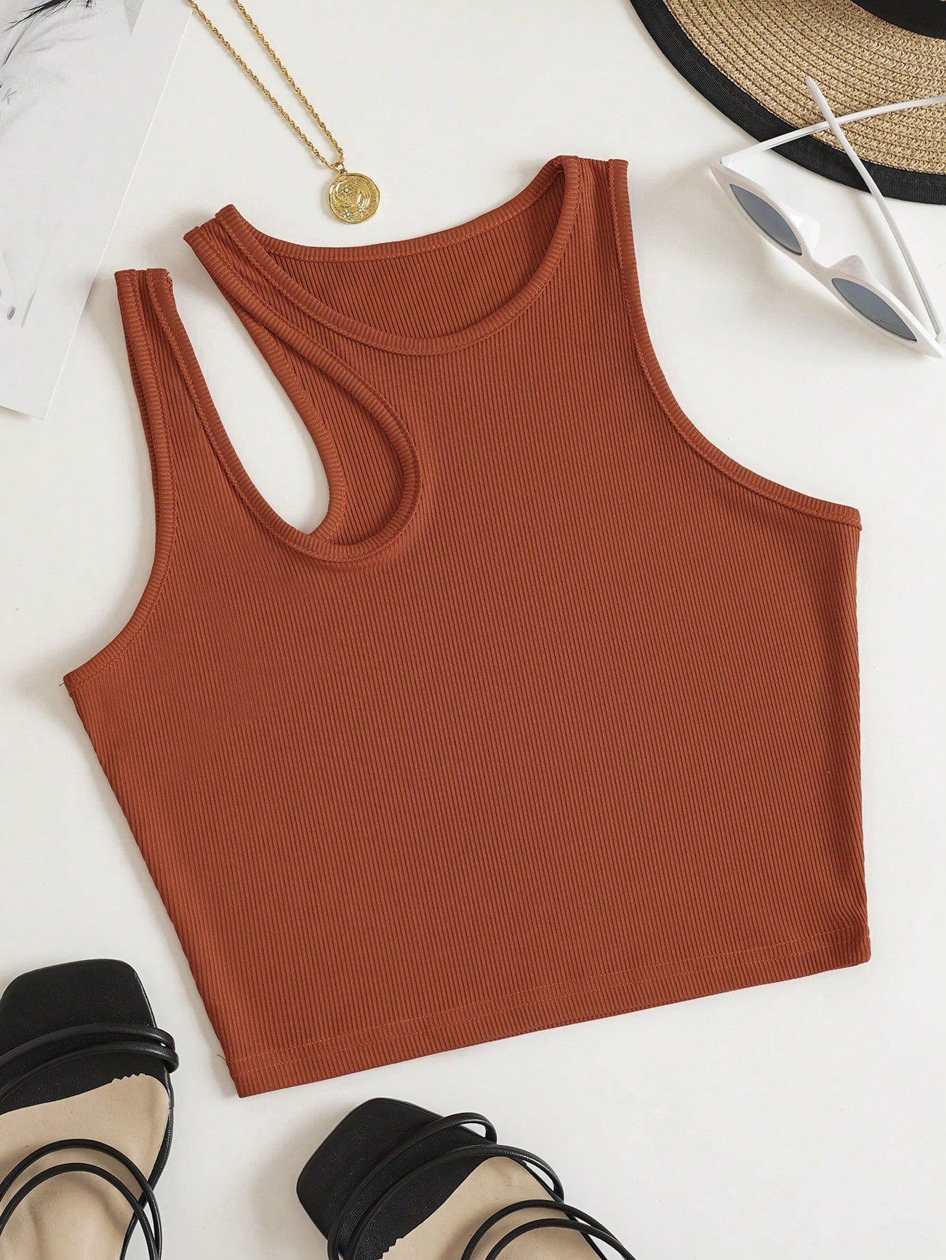 Solid Cut Out Shoulder Ribbed Knit Tank Top For Summer