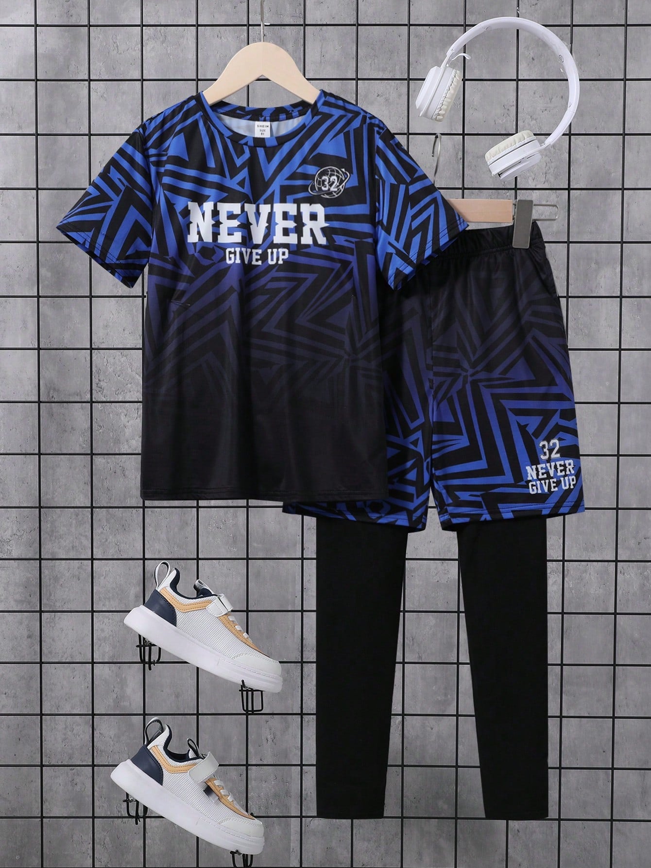 Tween Boy Sporty Gradient Geometric & Letter Print Short Sleeve T-Shirt And Shorts With Base Layer Pants 2 In 1 Outfit