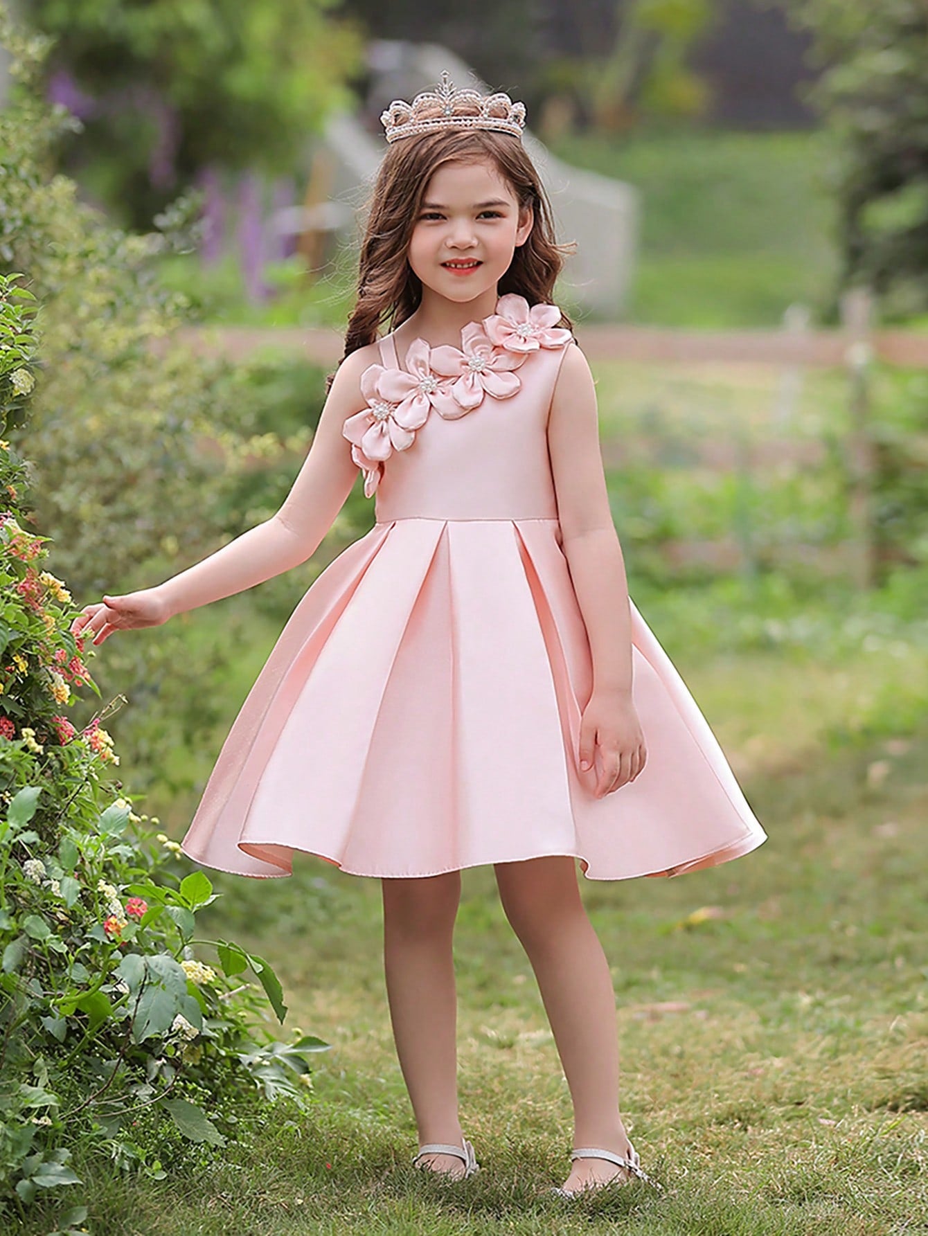 Young Girl Elegant 3d Floral Jacquard Dance Performance Dress, Suitable For Performances, Birthdays, Parties And Holidays