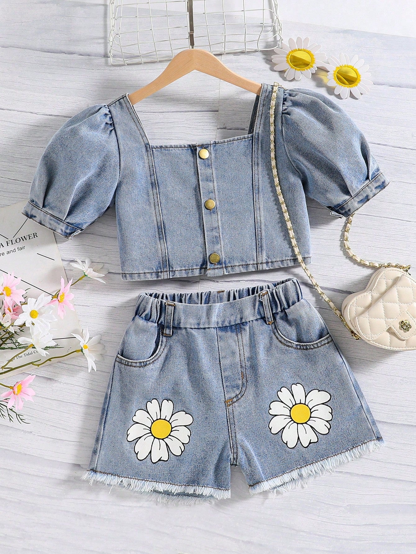 Tween Girl Floral Print Puff Sleeve Denim Top & Raw Cut Denim Shorts