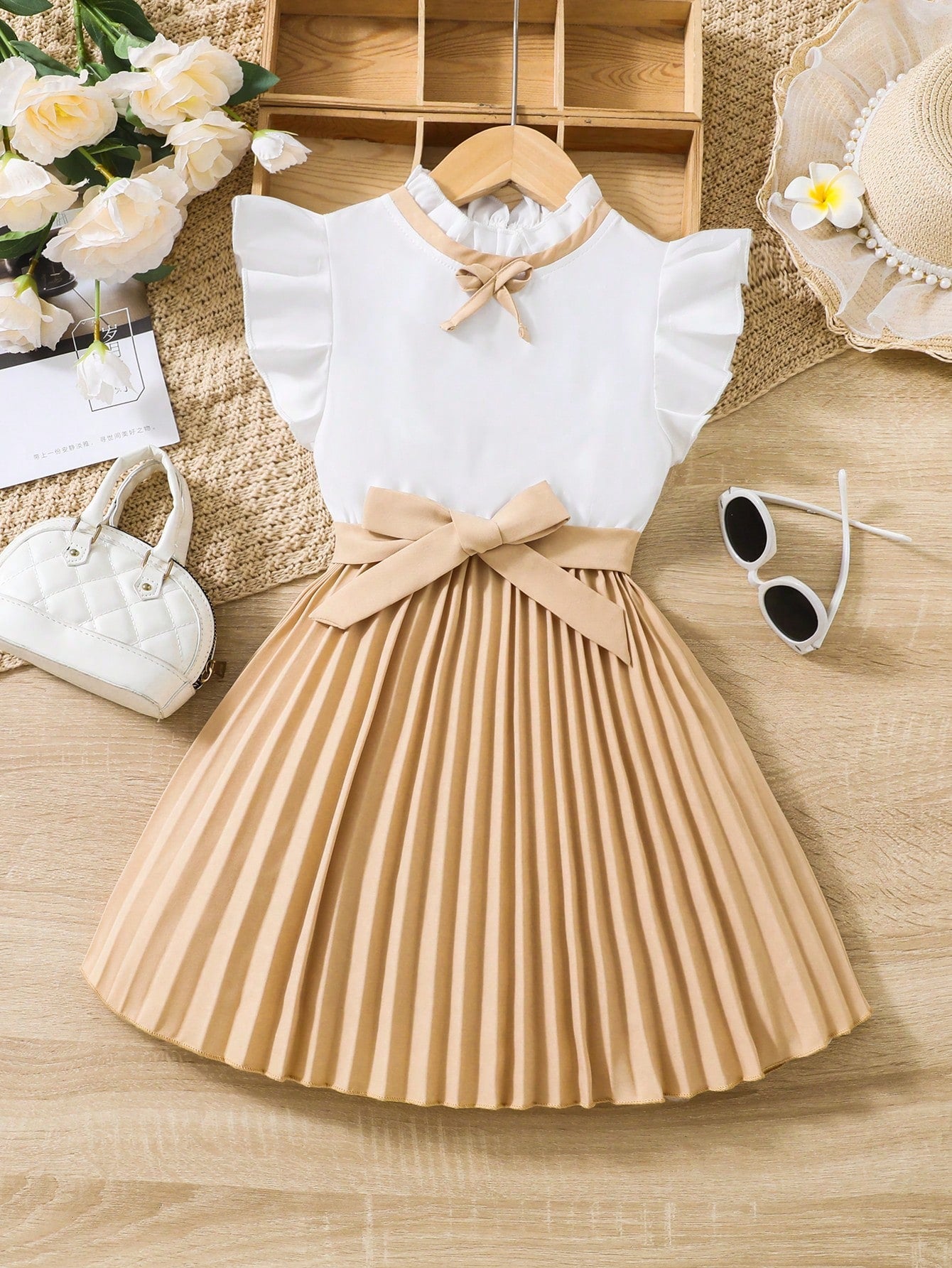 Young Girl Two Tone Bow Front Ruffle Trim Pleated Hem Dress