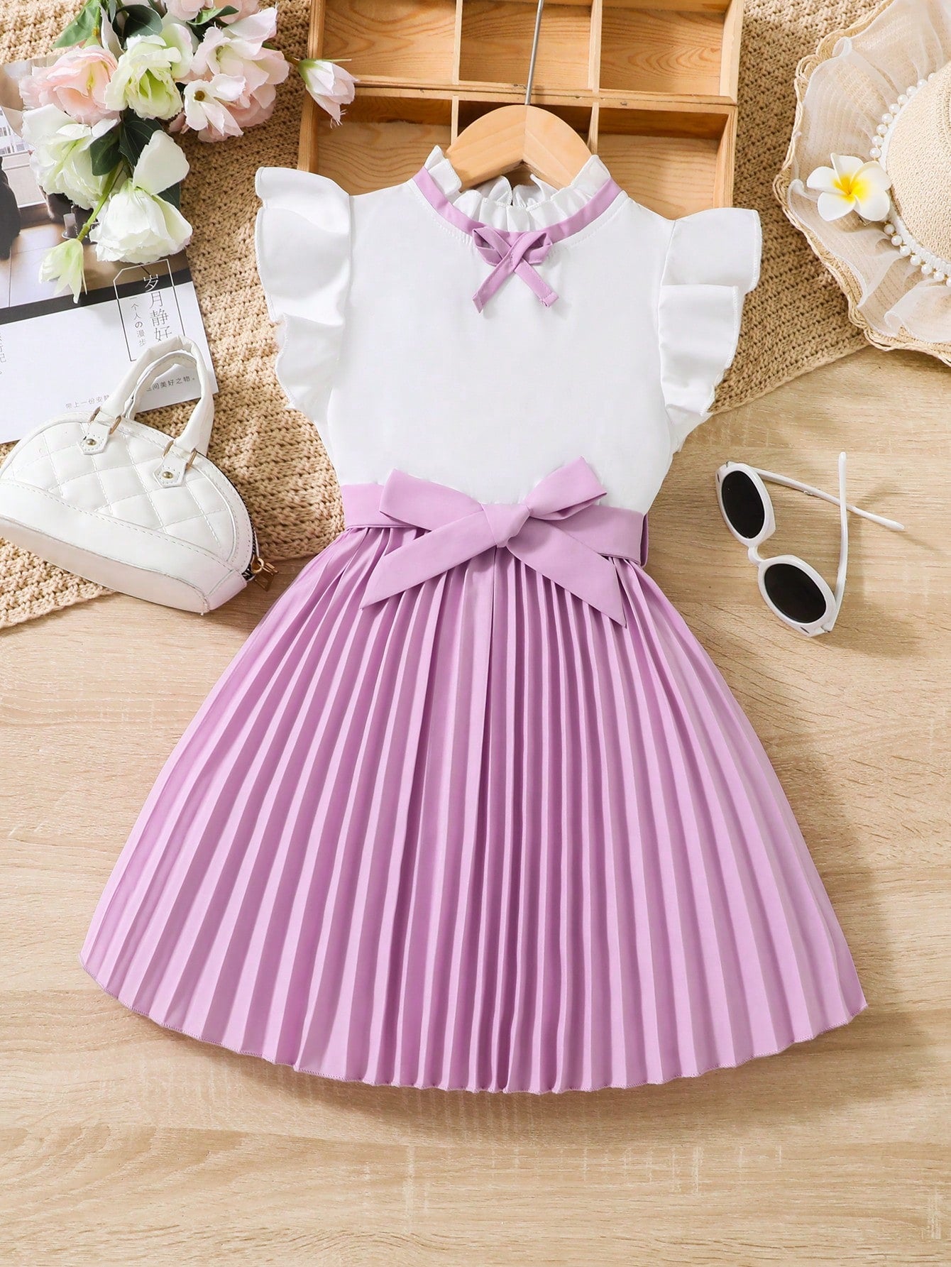 Young Girl Two Tone Bow Front Ruffle Trim Pleated Hem Dress