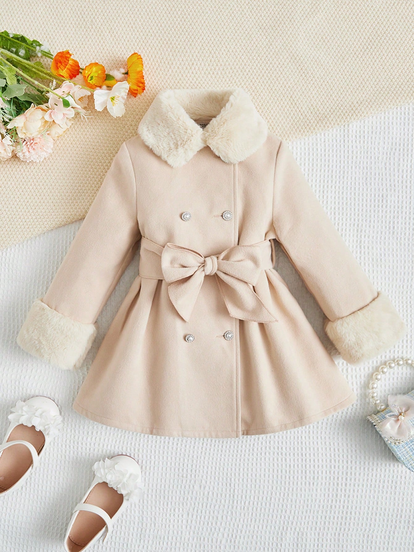 Young Girl Faux Fur Collar Woolen Coat With Double-row Button & Belted