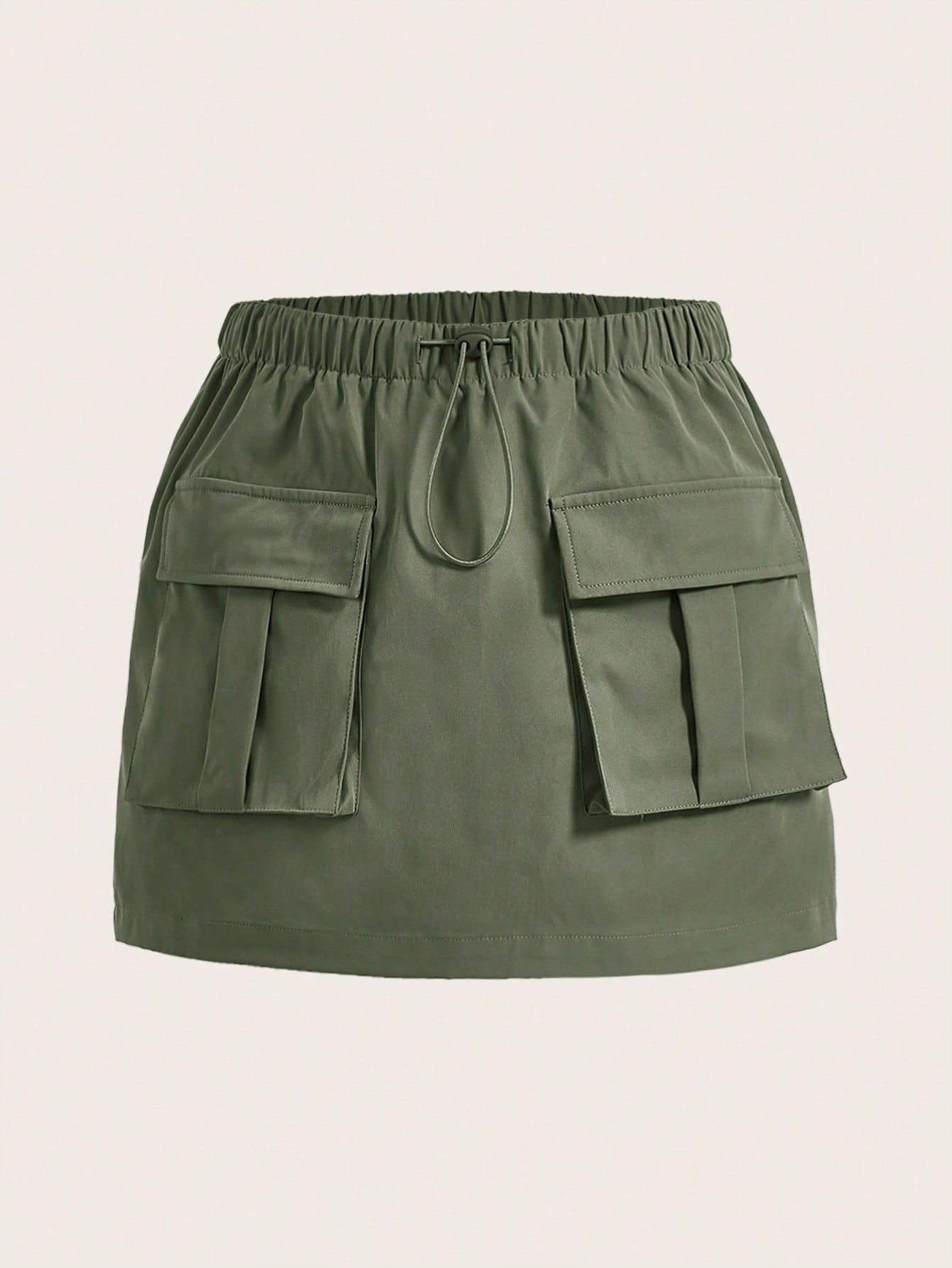 Solid Color Drawstring Waist A-Line Work Skirt With Flap Pockets