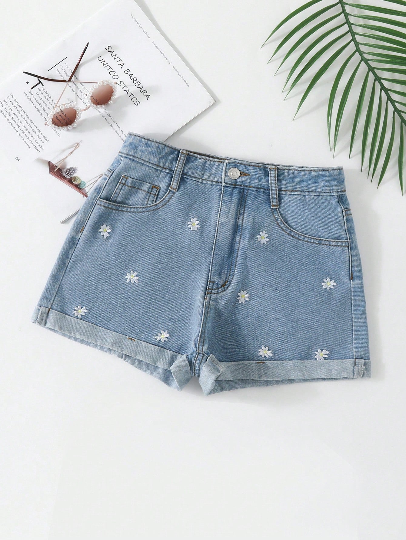 Teen Girl Floral Embroidery Roll Up Hem Denim Shorts