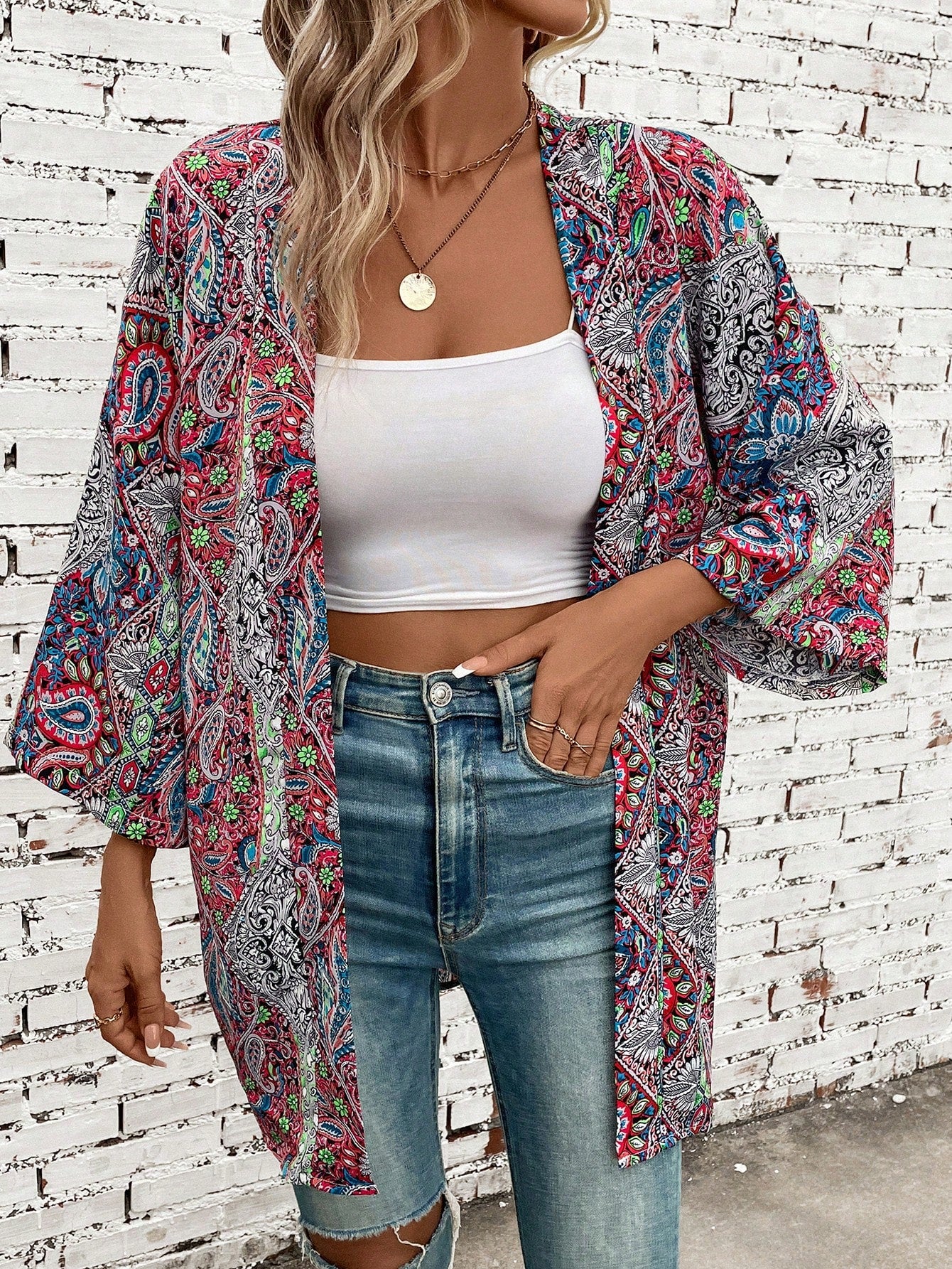 Paisley Print Batwing Sleeve Open Front Kimono