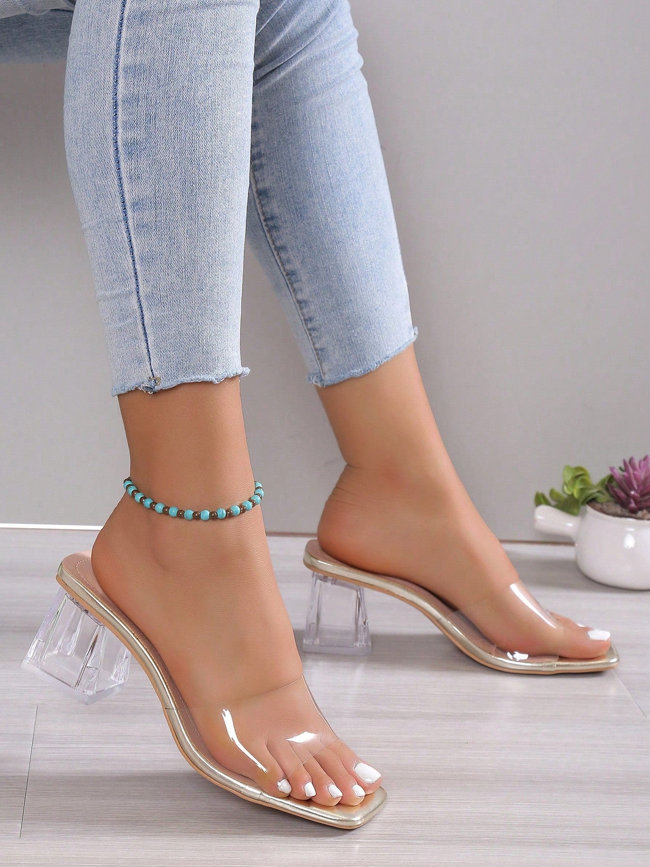 2024 New Style Women's Transparent Sandals With Square Toe, Crystal High Heel And Open Toe, Transparent Slippers