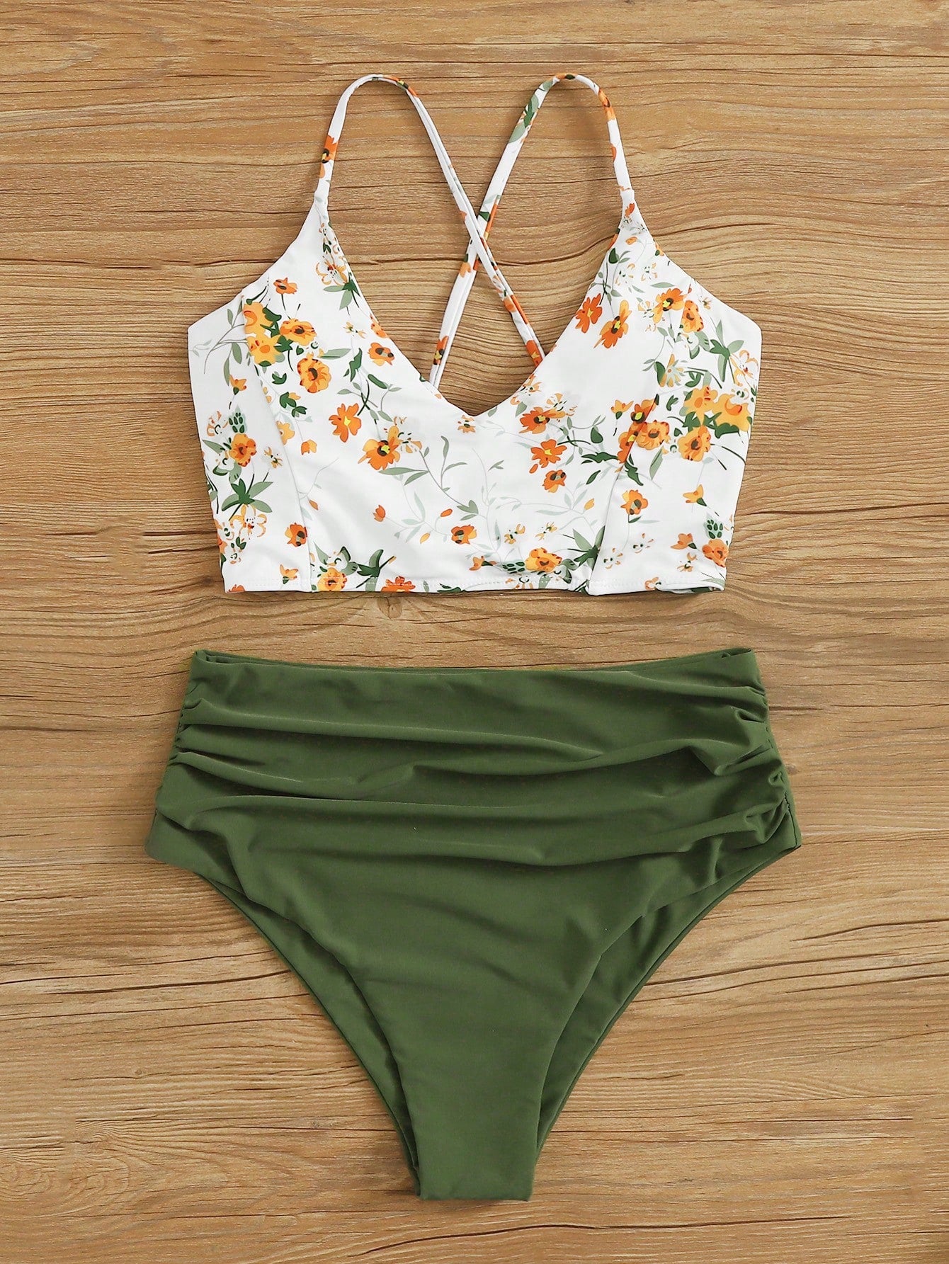 Swim Summer Beach Floral Patchwork Print V-Neck Bikini Set, Bikini Set