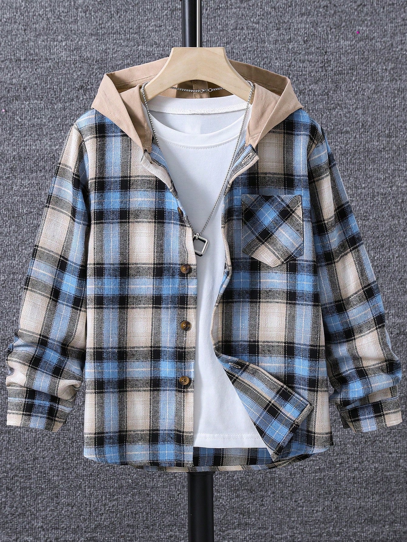 Tween Boy Plaid Patched Pocket Hooded Shirt Without Tee