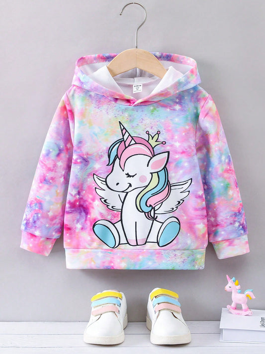 Young Girl Pink Cartoon Tie Dye Colorful Unicorn Printed Hooded Long Sleeve Streetwear Regular Sleeve Hoodie, Autumn And Winter