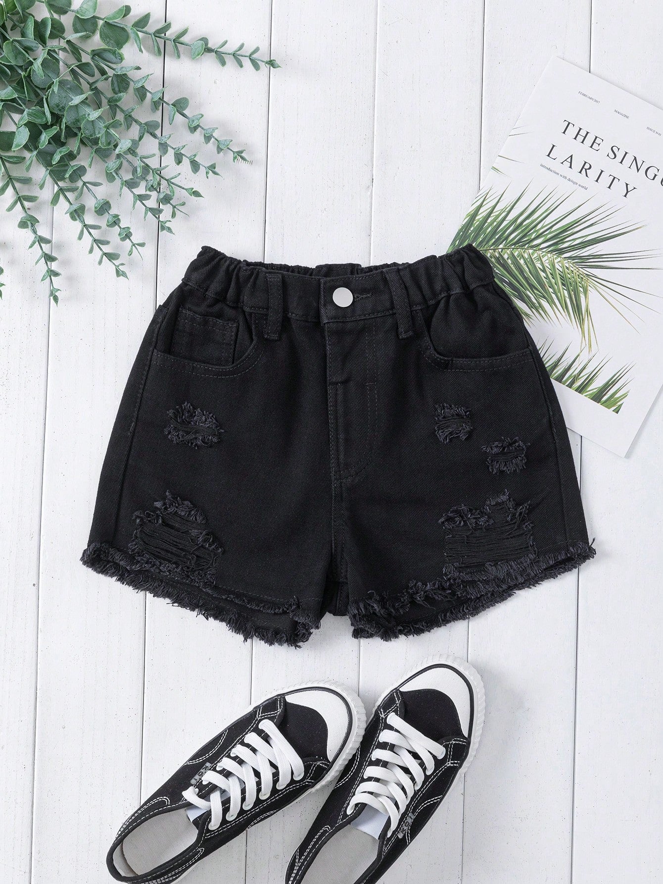 Tween Girl Daily Boho Casual Ripped Raw Hem Elastic Waist Denim Shorts