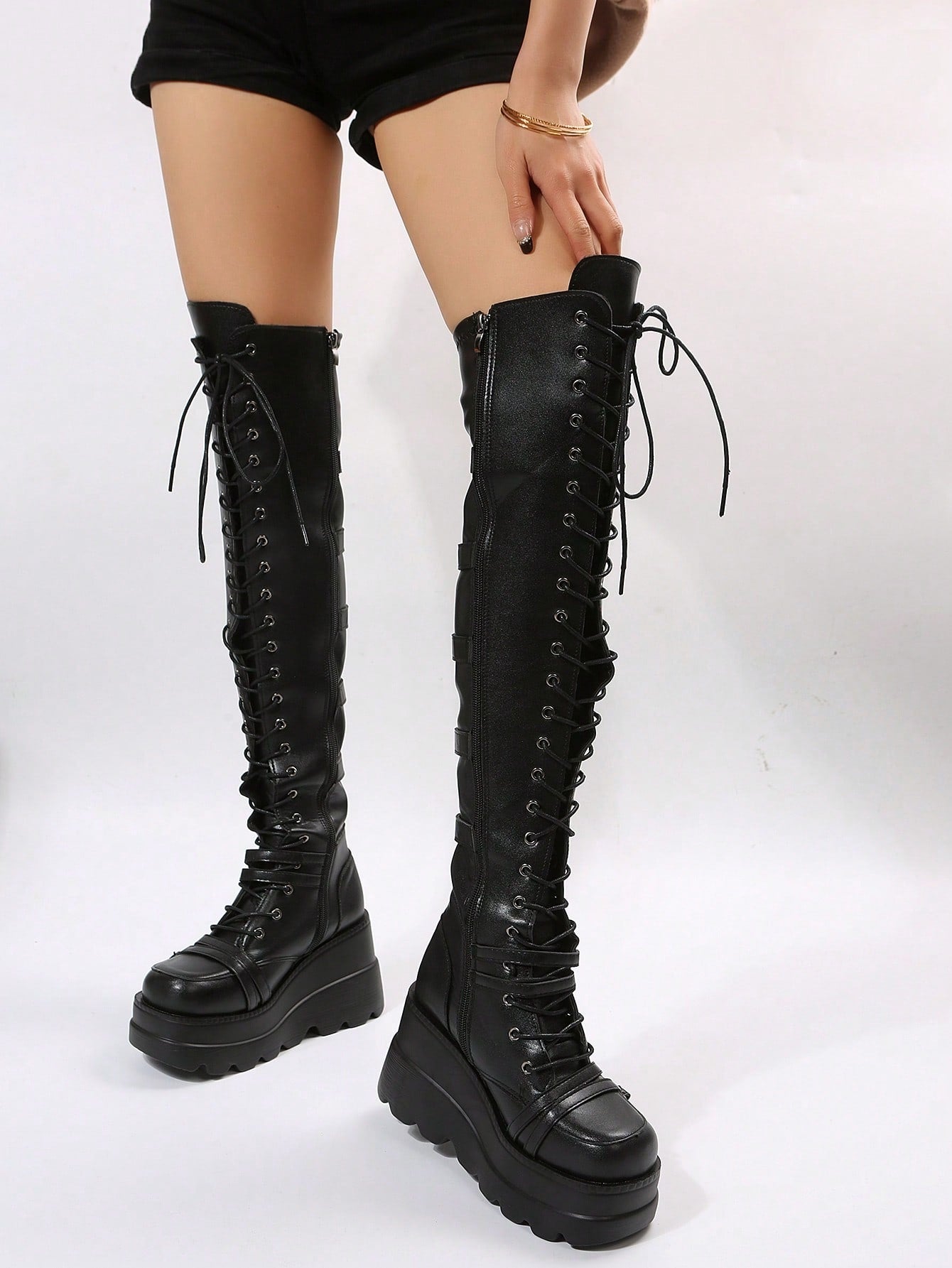 Women Lace-up Front Wedge Boots, Punk Outdoor Boots