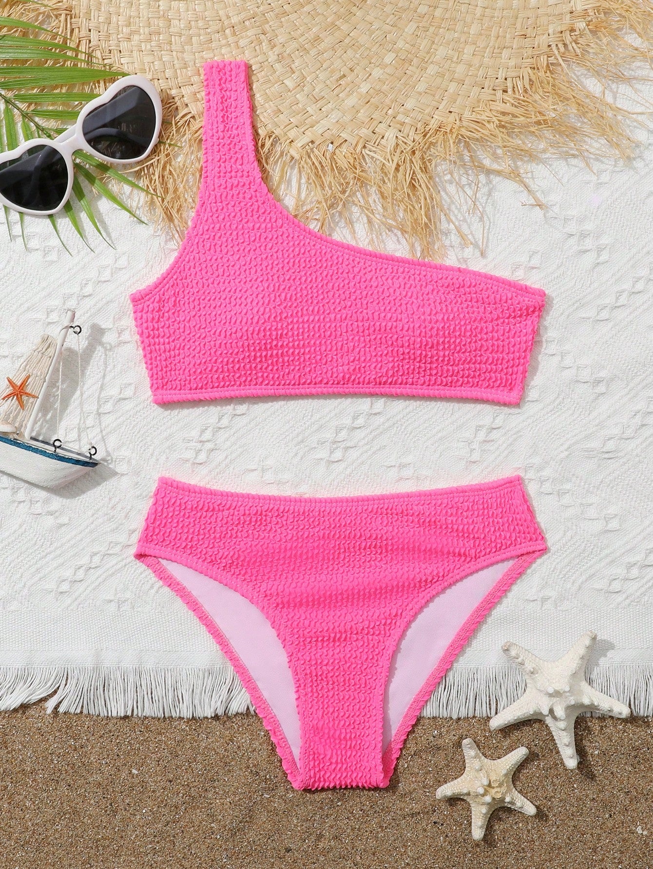 Tween Girl Plain Smocked One Shoulder Bikini Set Summer Beach