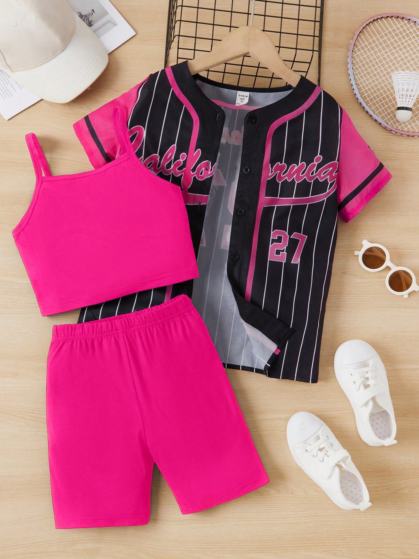 Tween Girl Striped & Letter Graphic Shirt & Shorts & Cami Top