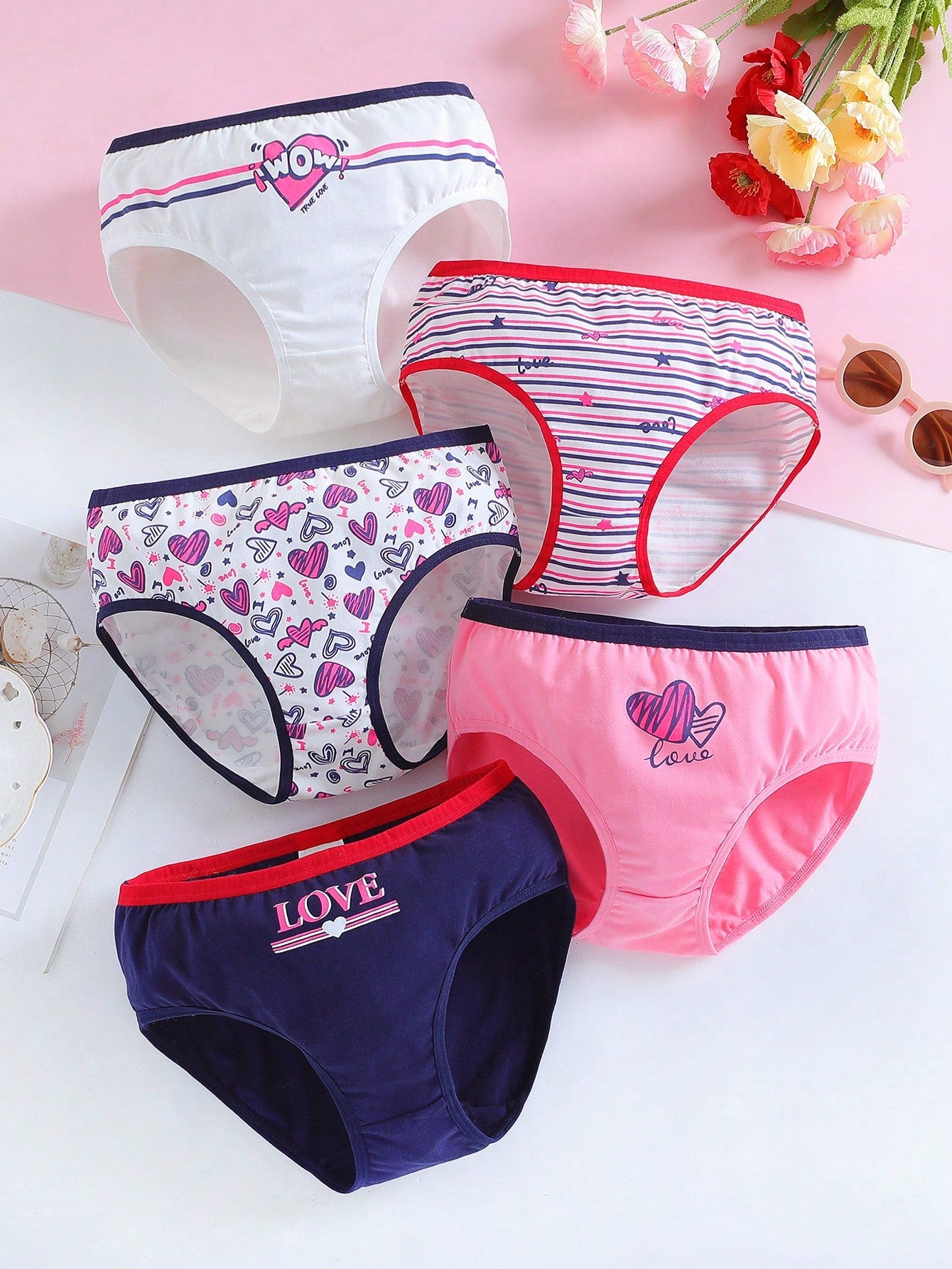 Tween Girl 5pcs Striped & Floral Print Contrast Binding Brief