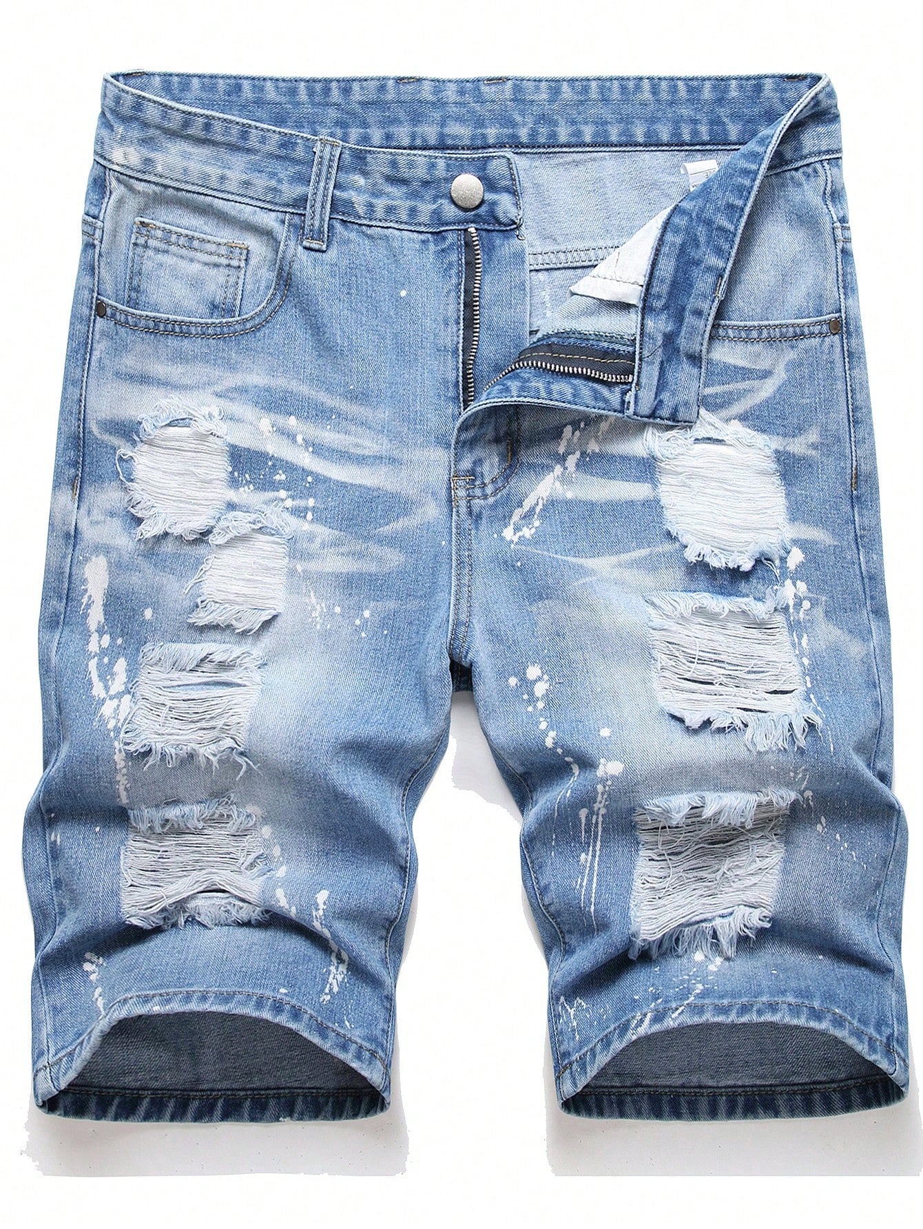 European And American Men Paint Splashed Ripped Denim Shorts