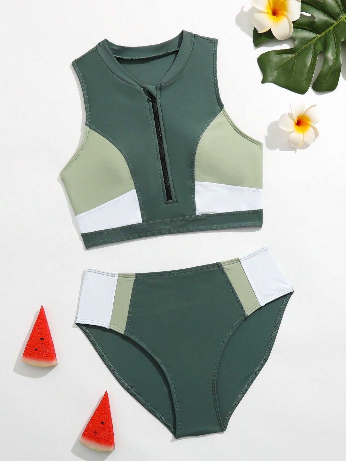 Teen Girl Color Block Zipper Front Bikini Set Summer Beach