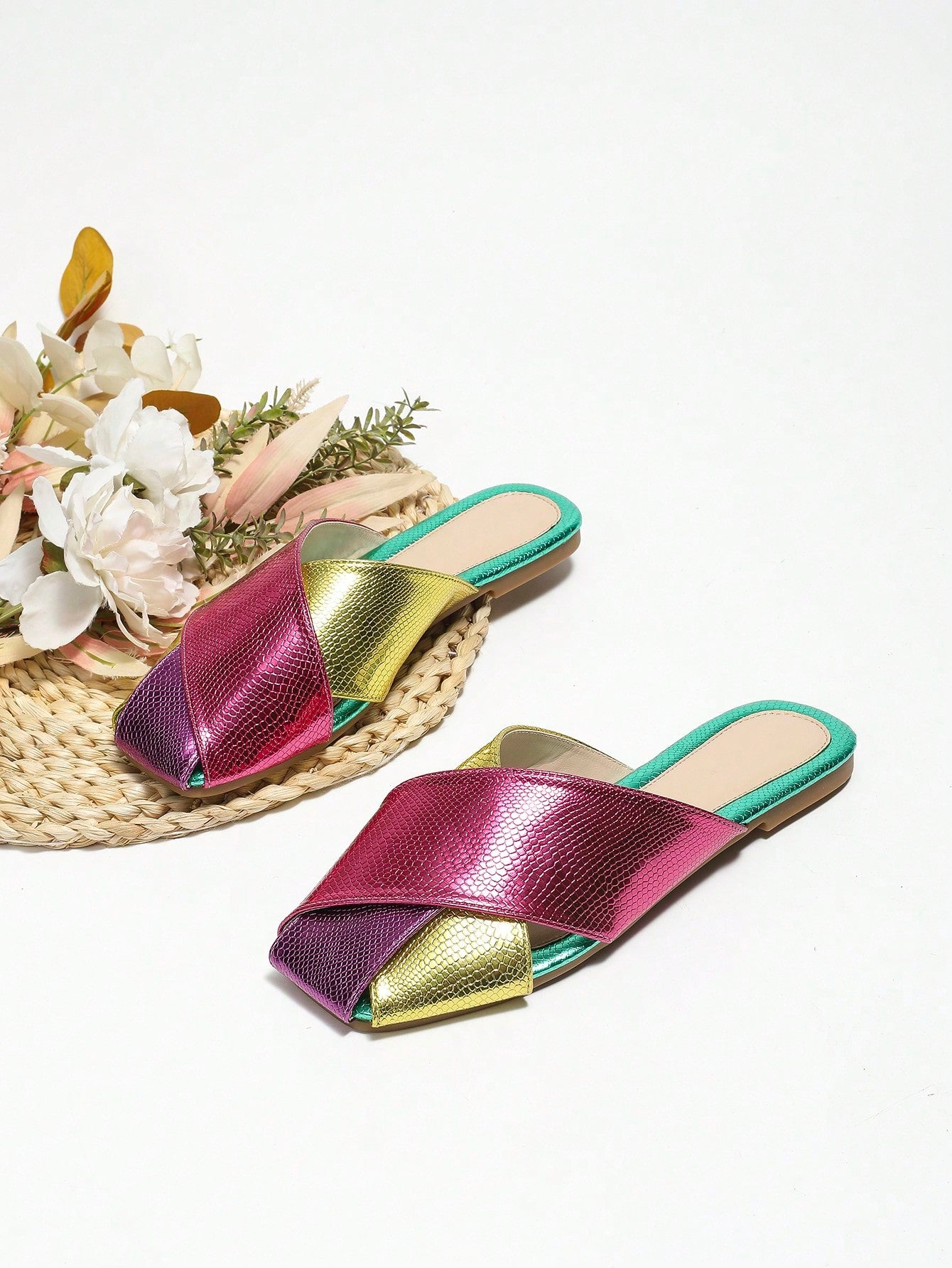 Funky Mule Flats For Women, Colorblock Snakeskin Embossed Square Toe Flats