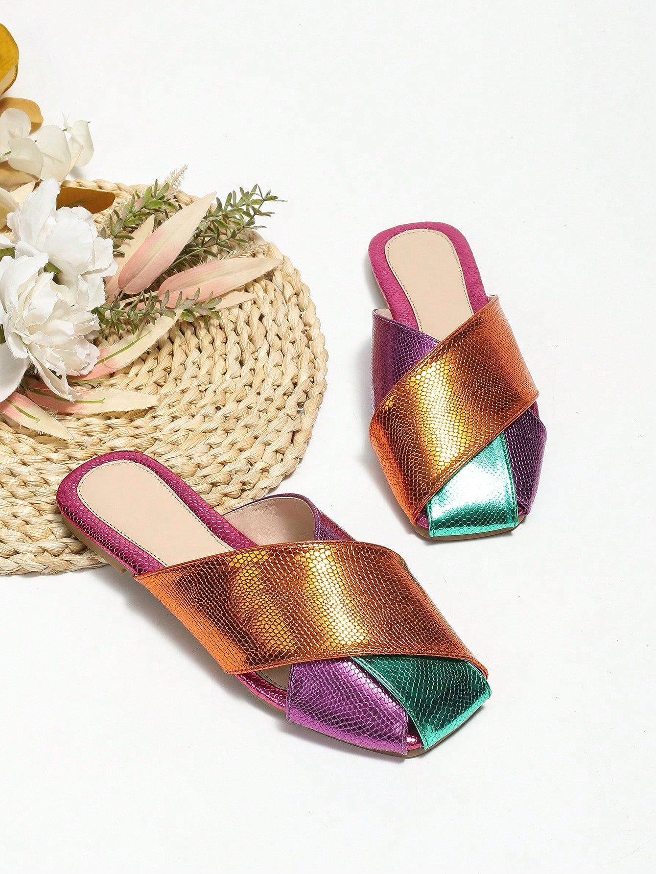 Funky Mule Flats For Women, Colorblock Snakeskin Embossed Square Toe Flats