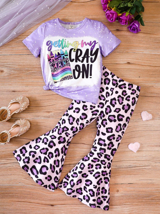 Young Girl Letter Graphic Tee & Leopard Print Flare Leg Pants