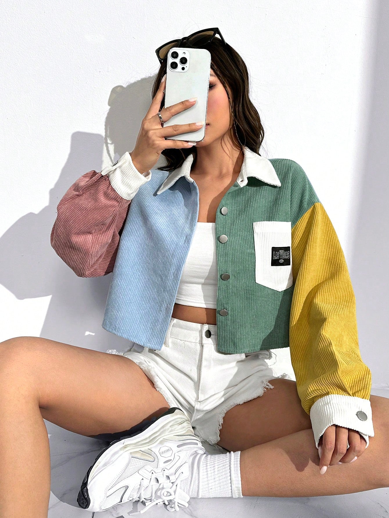 Colorblock Letter Patched Detail Drop Shoulder Jacket Without Cami Top