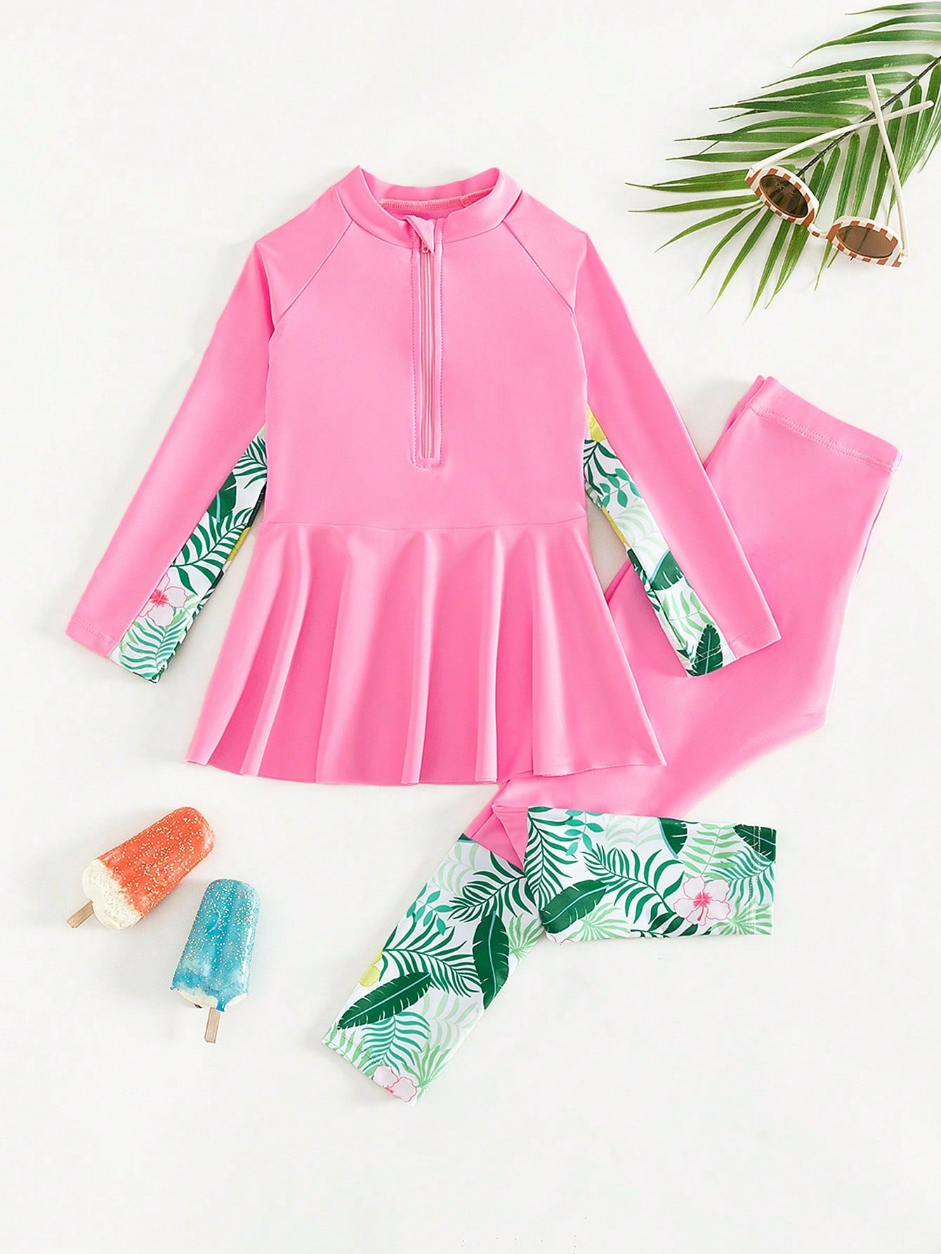 Young Girl Tropical Print Zipper Front Peplum Rashguard Summer Beach