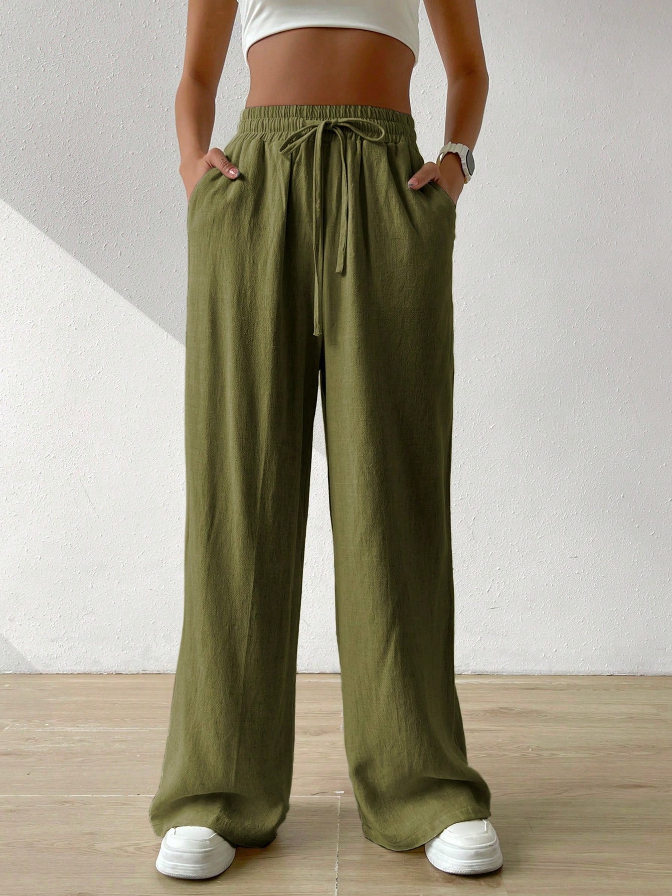 Women's Summer Solid Color Beige High Waist Drawstring Waist Linen Wide Leg Pants