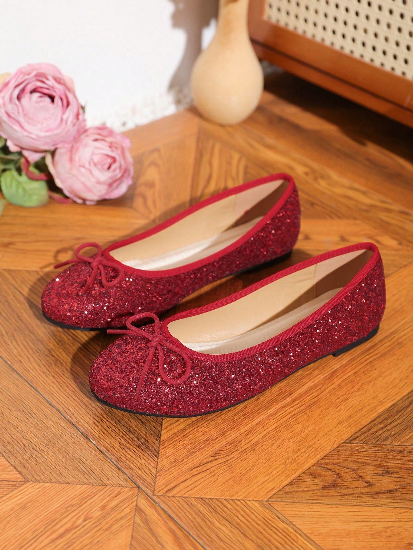 Women Bow Decor Ballet Flats, Glamorous Party Sequin Flat Shoes