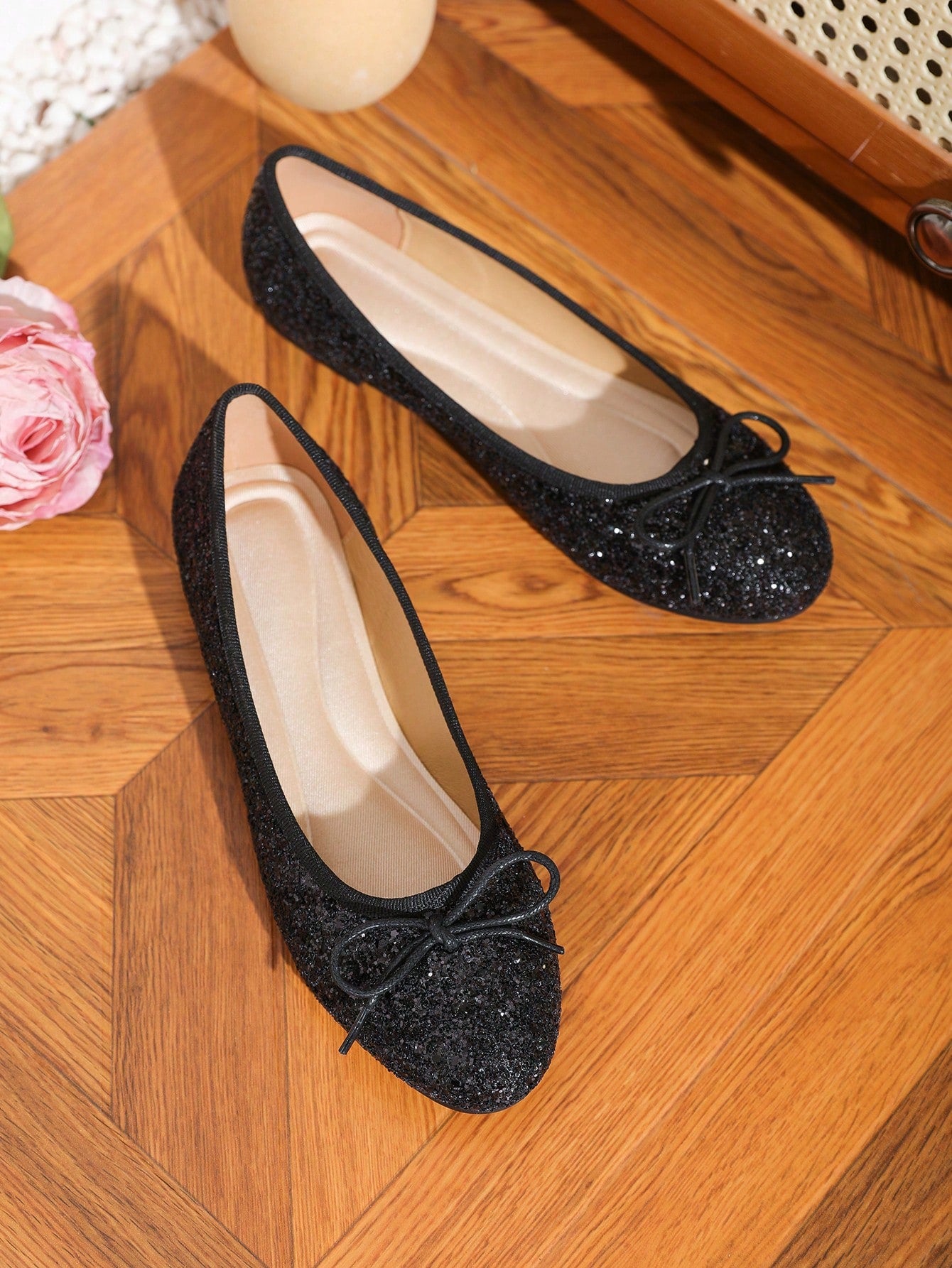 Women Bow Decor Ballet Flats, Glamorous Party Sequin Flat Shoes