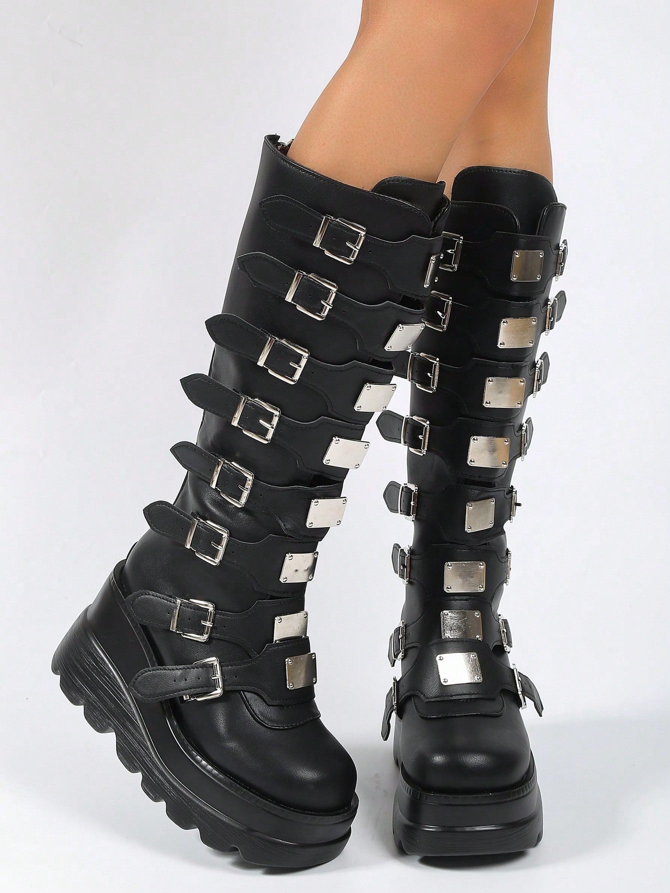 Women's Fashionable Outdoor Anti-slip Round Toe Lace-up Punk Style Wedge Heel Thick Platform Mid-calf Boots