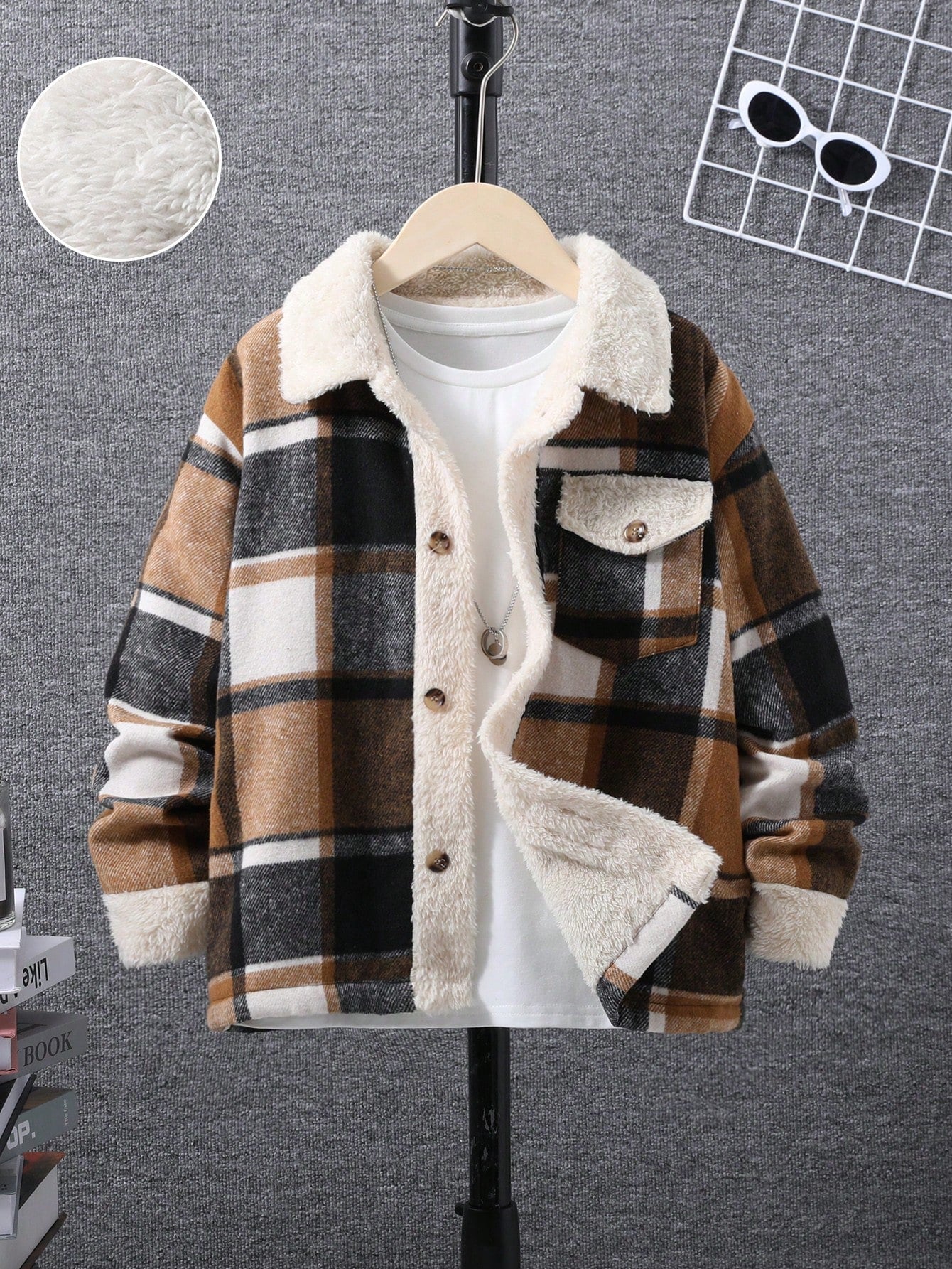 Tween Boy Plaid Print Flap Pocket Thermal Lined Jacket Without Tee