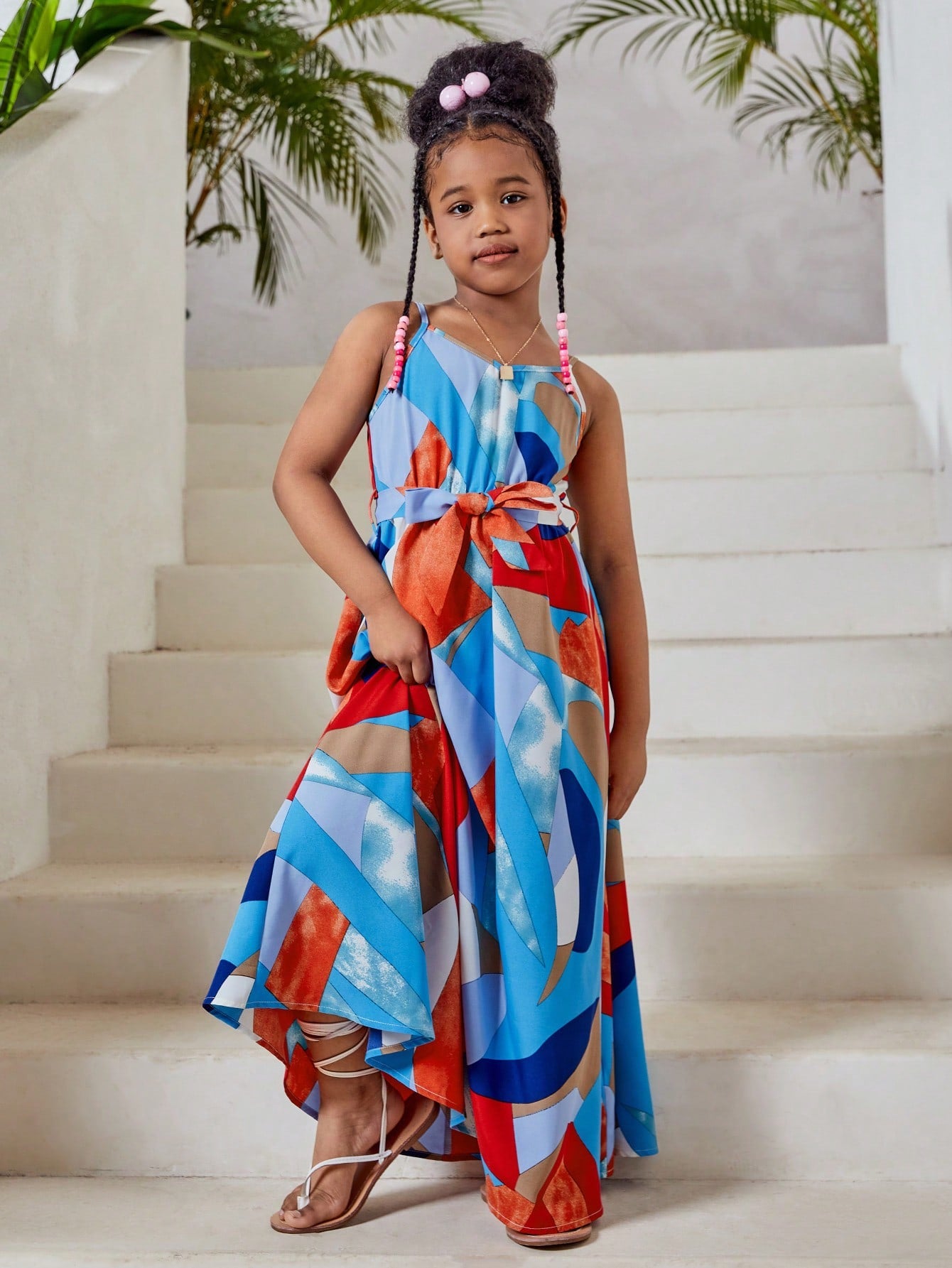 Tween Girl Allover Print Belted Maxi Cami Dress