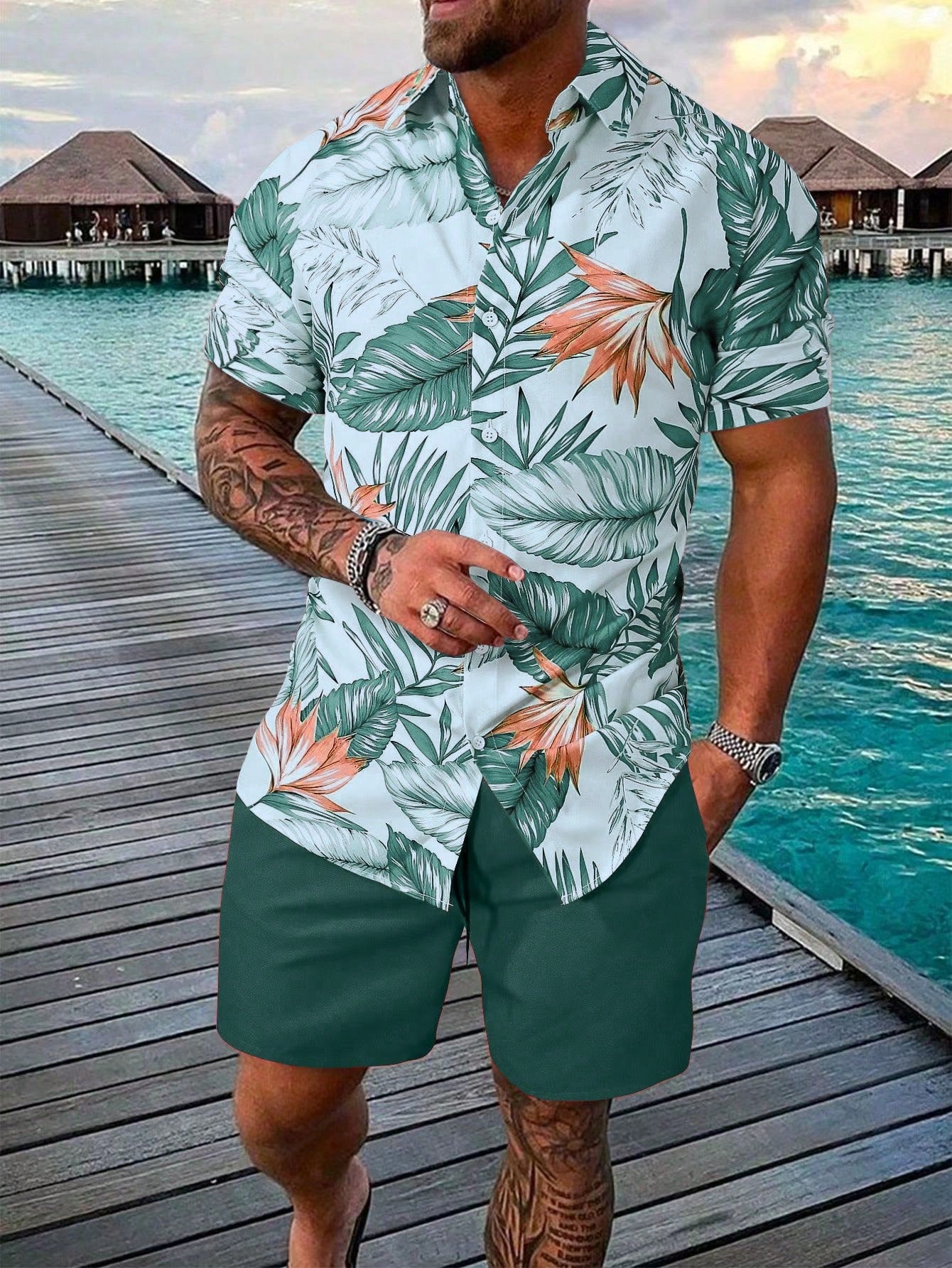 Men Tropical Print Shirt & Shorts