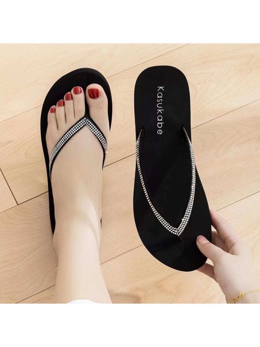 1pair Rhinestone Decor Slippers For Women, Summer Outdoor Beach Sandals Anti-slip