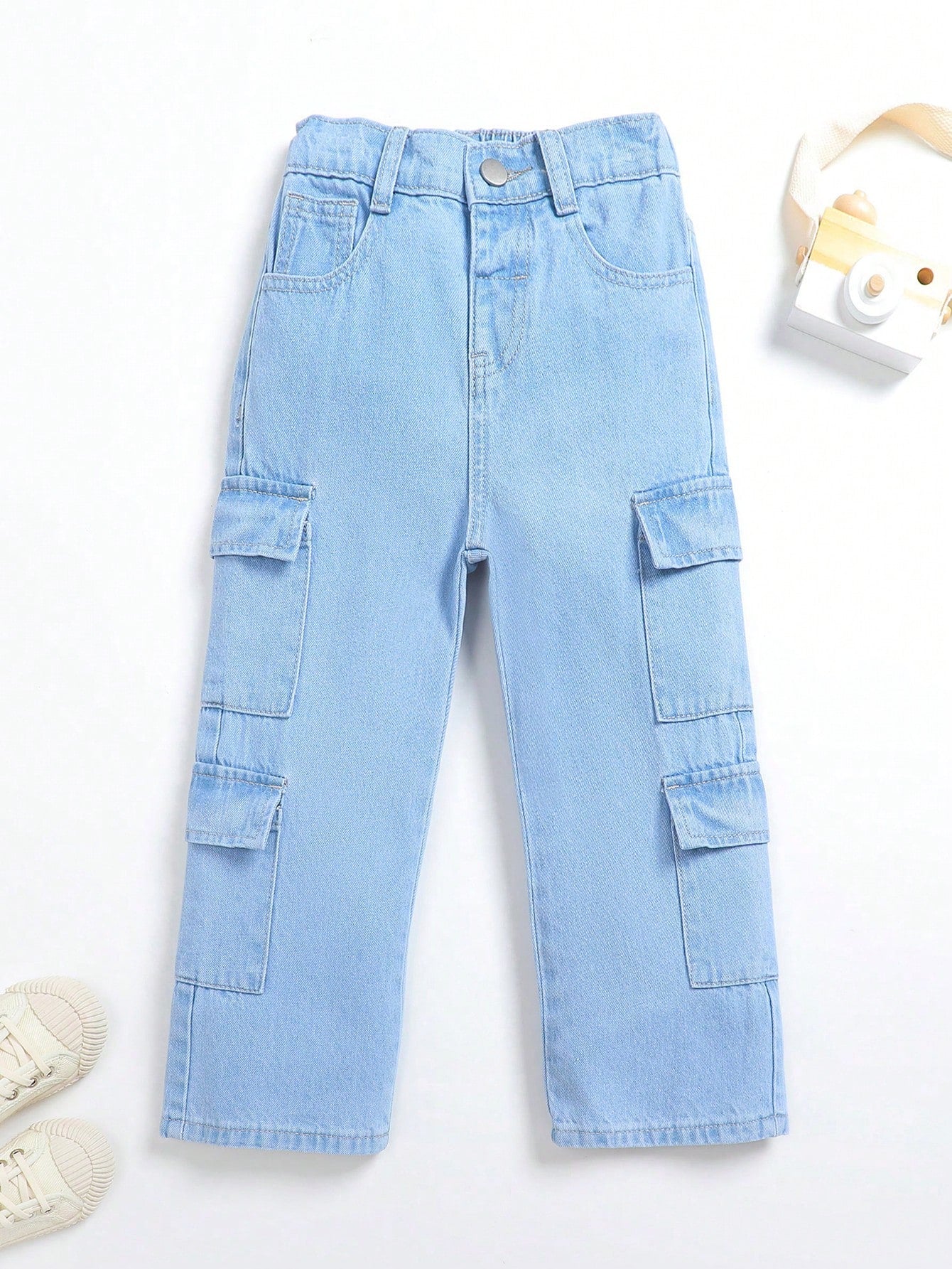 Young Girls Solid Color Casual Workwear Straight Leg Jeans With Pockets