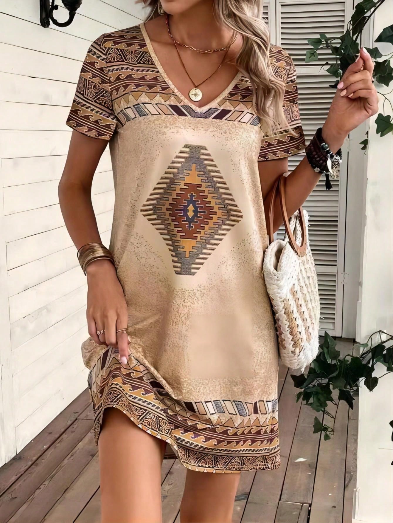 Geo Print V Neck Tee Dress