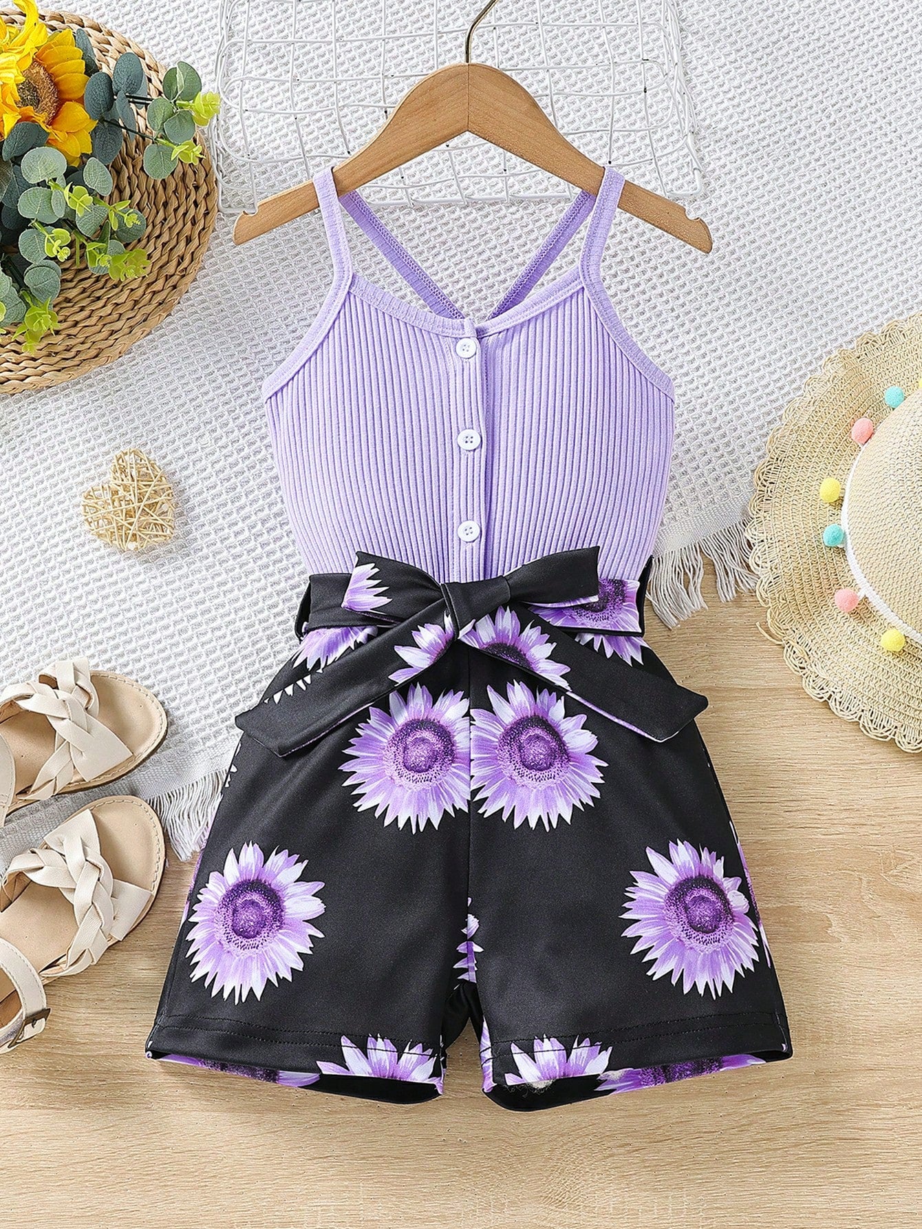 Young Girl Floral Print Criss Cross Belted Cami Romper