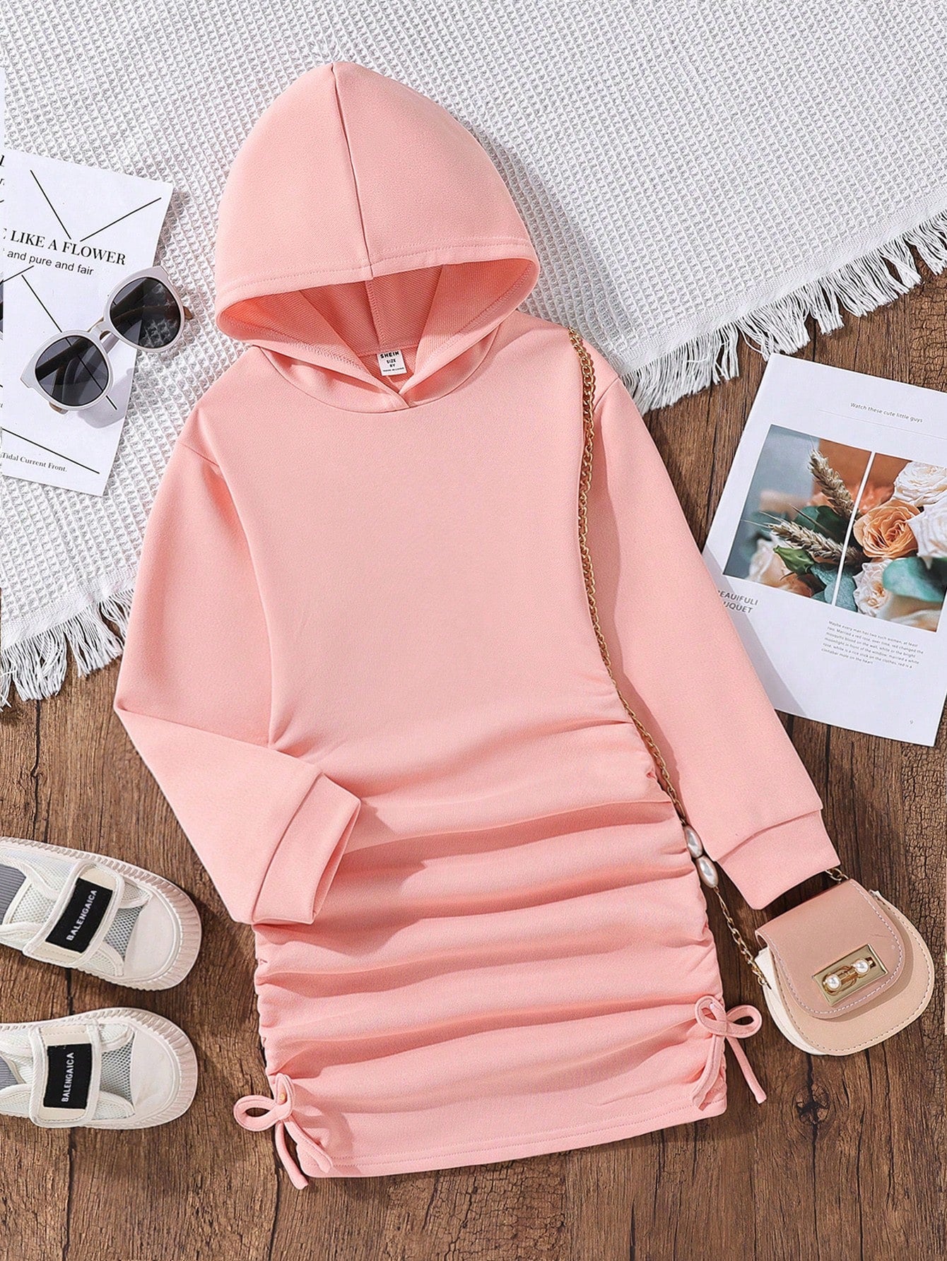 Tween Girl Casual Long Hooded Pullover Sweatshirt With Drawstring Side, Mid-Length And Long Sleeves